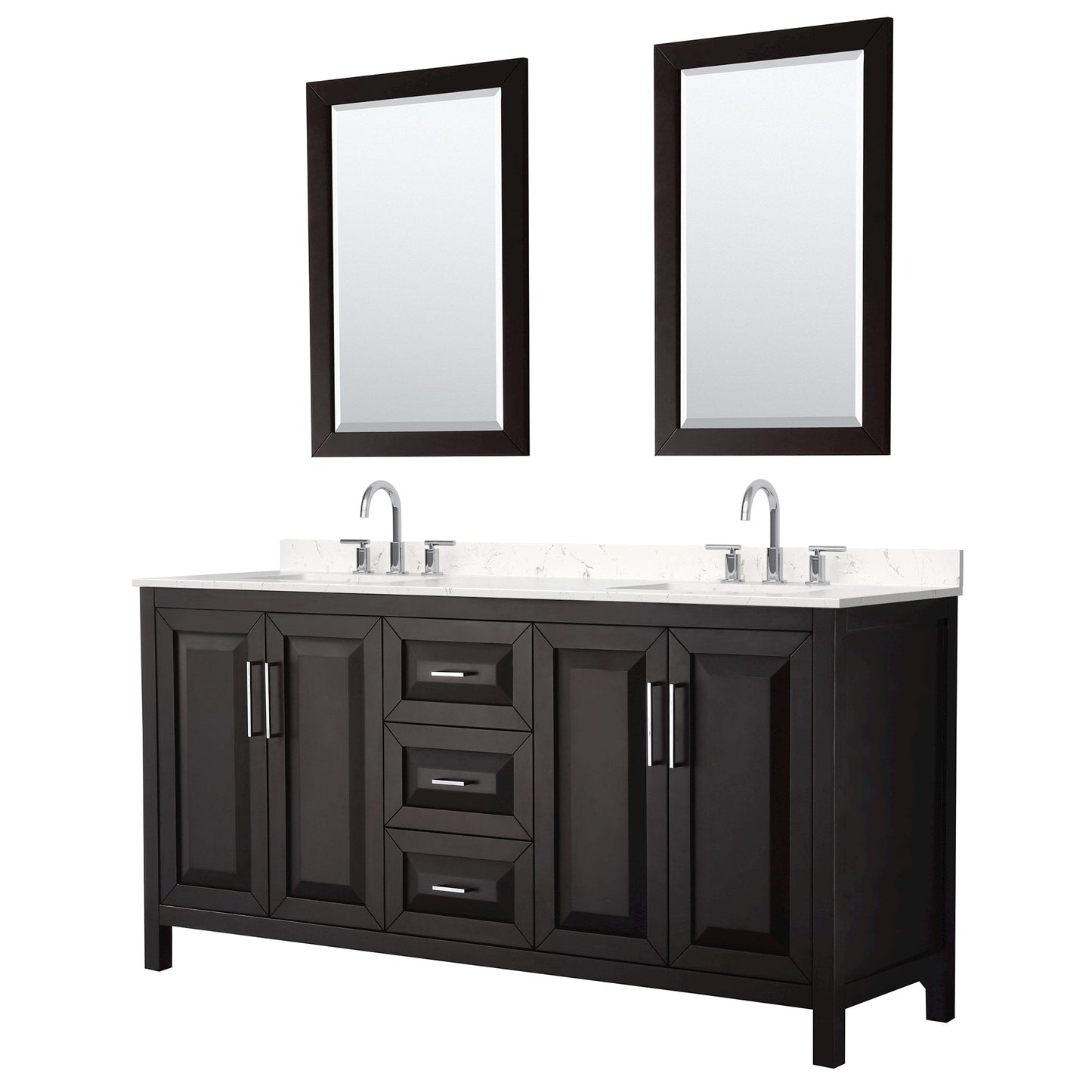 Wyndham Collection Daria 72" Double Bathroom Vanity in Dark Espresso, Carrara Cultured Marble Countertop, Undermount Square Sinks (3-Hole), Polished Chrome Trim, 24" Mirrors
