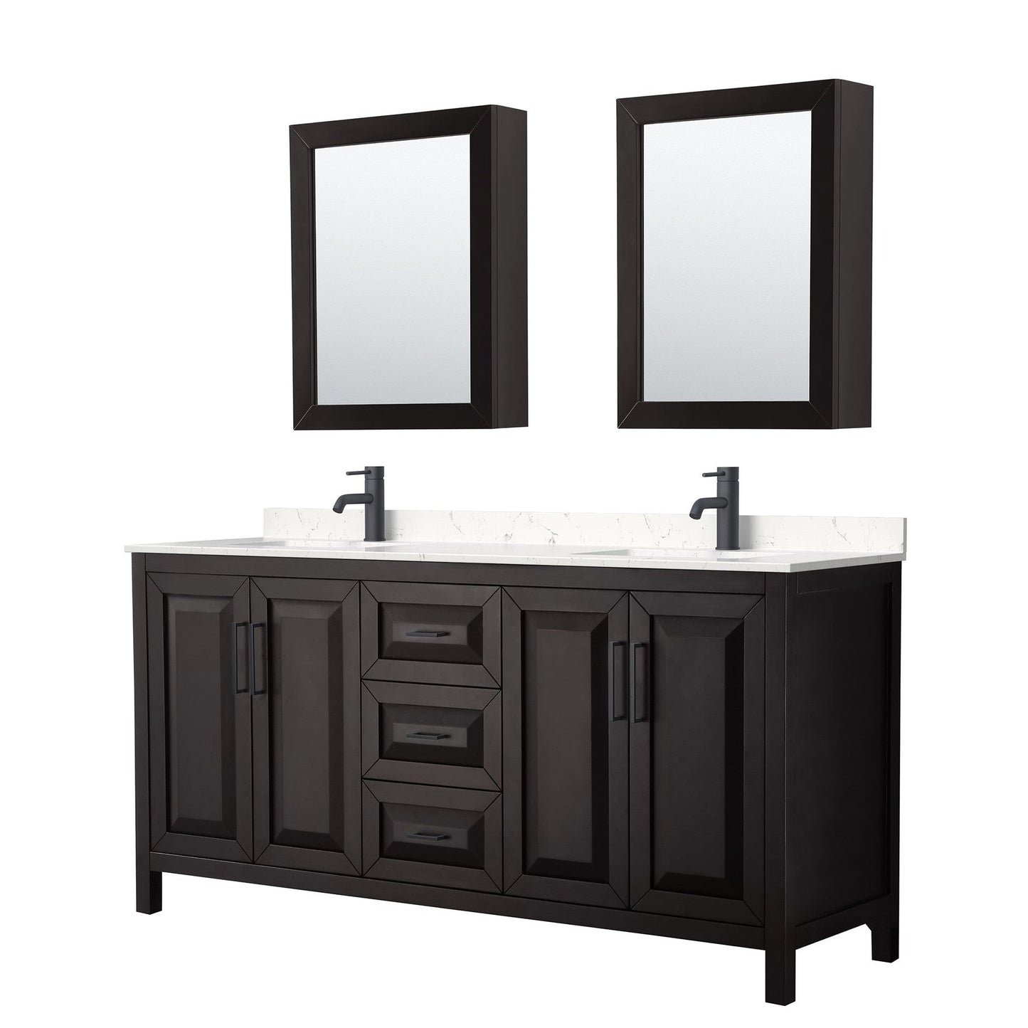 Wyndham Collection Daria 72" Double Bathroom Vanity in Dark Espresso, Carrara Cultured Marble Countertop, Undermount Square Sinks, Matte Black Trim, Medicine Cabinets