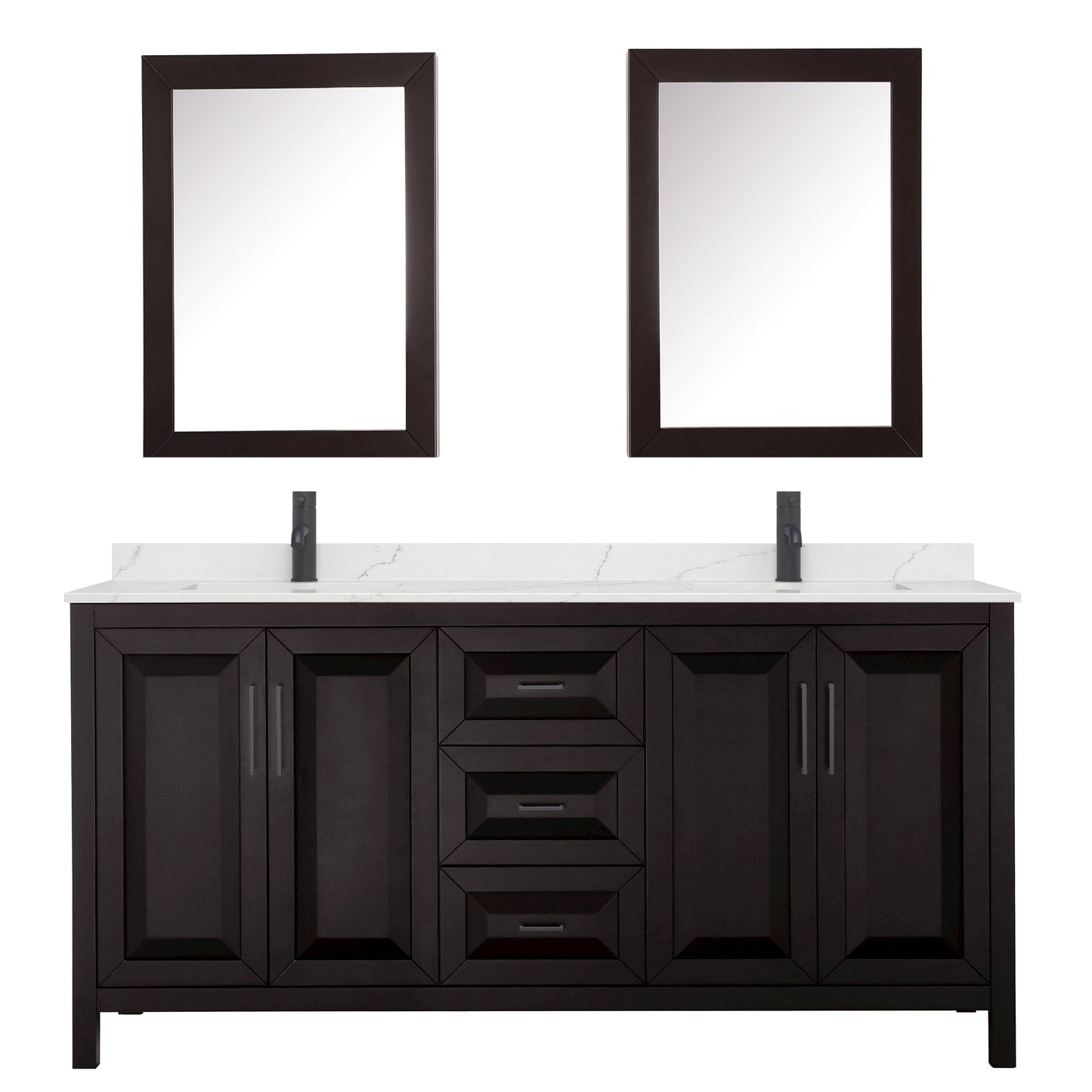 Wyndham Collection Daria 72" Double Bathroom Vanity in Dark Espresso, Giotto Quartz Countertop, Undermount Square Sinks (1-Hole), Matte Black Trim, Medicine Cabinets