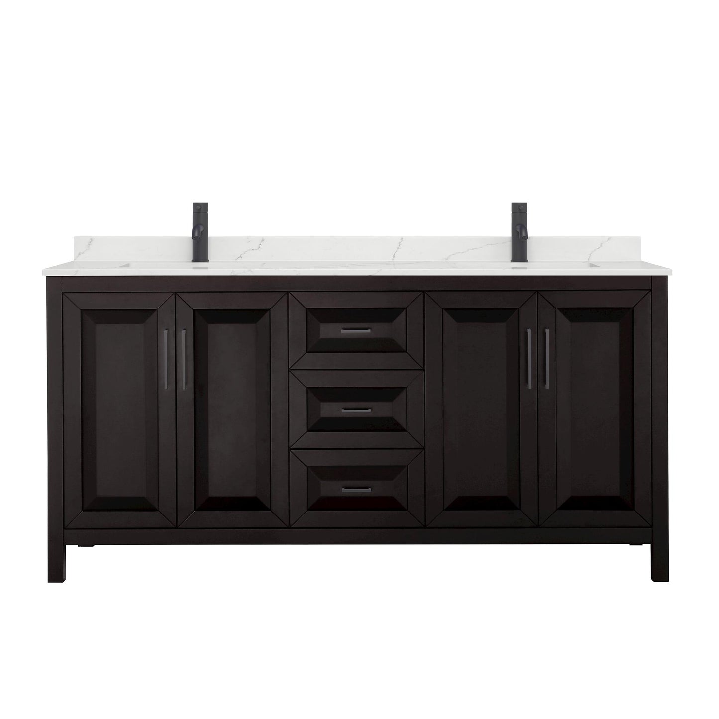 Wyndham Collection Daria 72" Double Bathroom Vanity in Dark Espresso, Giotto Quartz Countertop, Undermount Square Sinks (1-Hole), Matte Black Trim