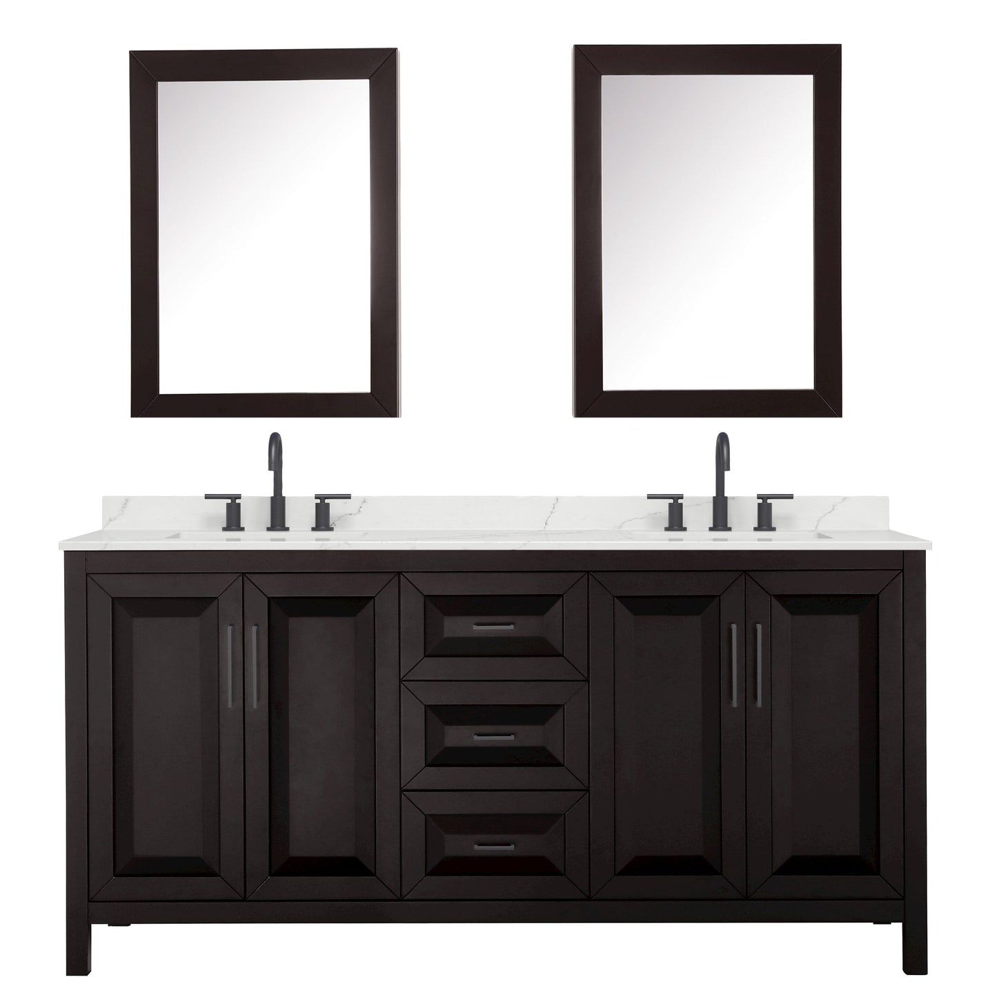 Wyndham Collection Daria 72" Double Bathroom Vanity in Dark Espresso, Giotto Quartz Countertop, Undermount Square Sinks (3-Hole), Matte Black Trim, Medicine Cabinets