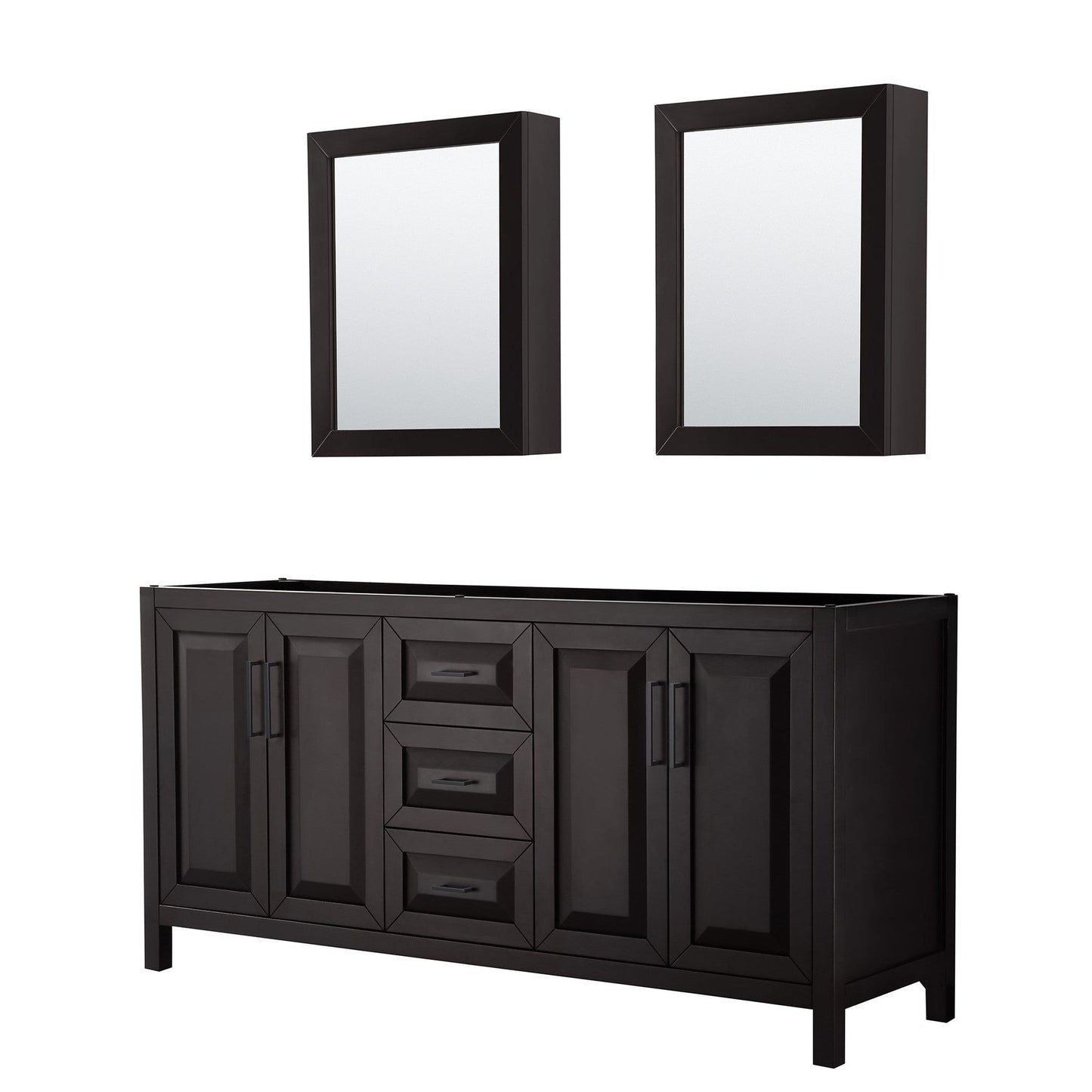 Wyndham Collection Daria 72" Double Bathroom Vanity in Dark Espresso, No Countertop, No Sink, Matte Black Trim, Medicine Cabinets