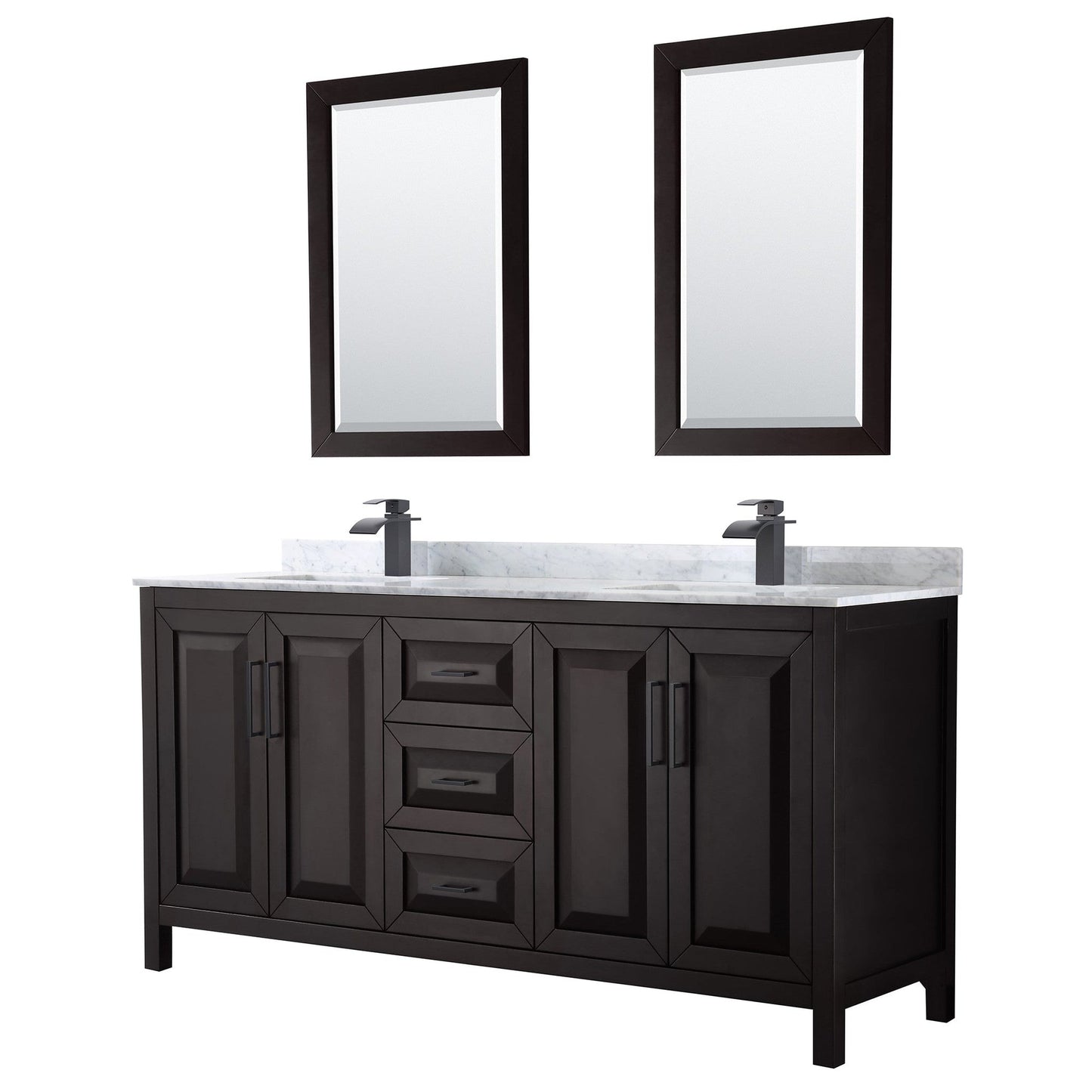 Wyndham Collection Daria 72" Double Bathroom Vanity in Dark Espresso, White Carrara Marble Countertop, Undermount Square Sinks, Matte Black Trim, 24" Mirrors