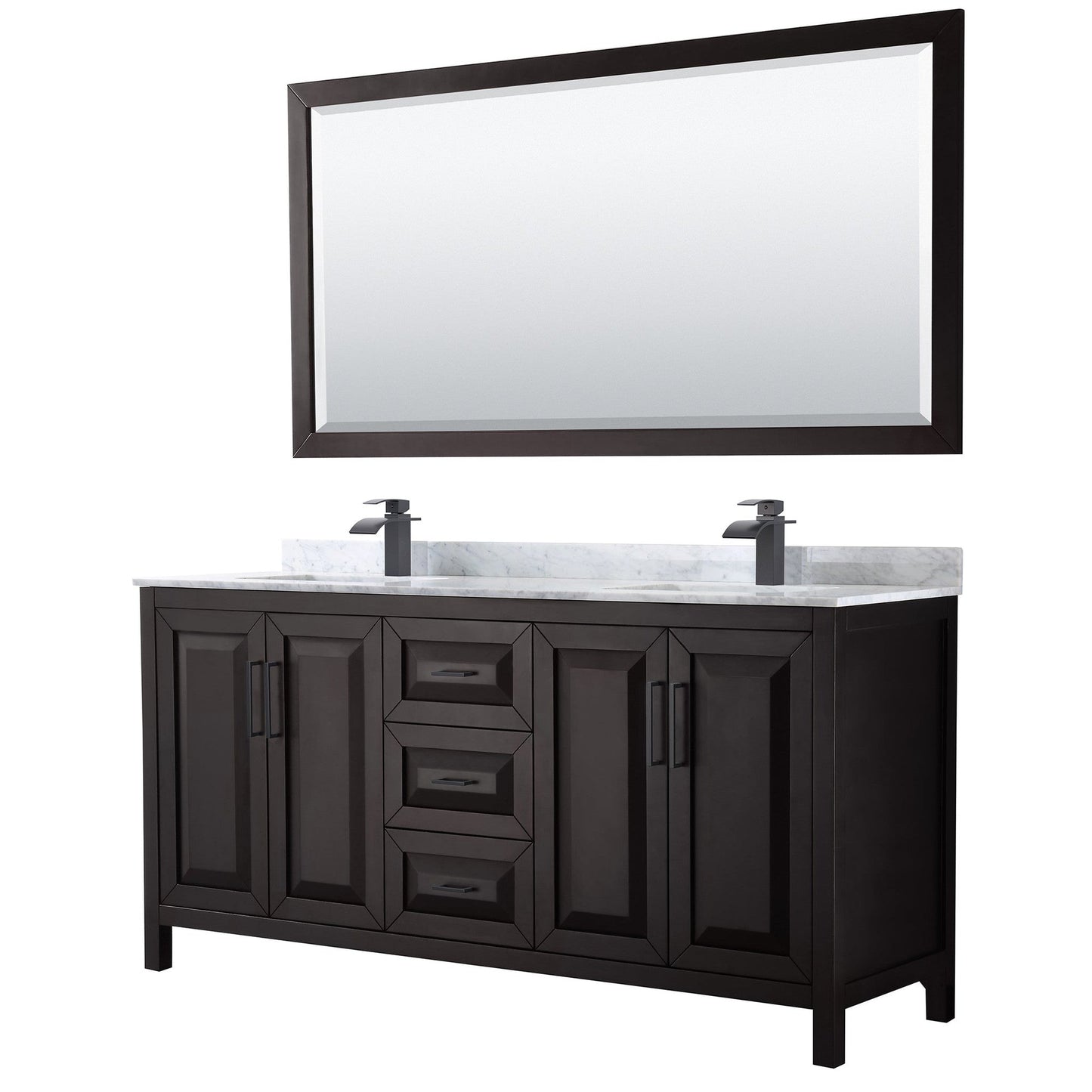 Wyndham Collection Daria 72" Double Bathroom Vanity in Dark Espresso, White Carrara Marble Countertop, Undermount Square Sinks, Matte Black Trim, 70" Mirror