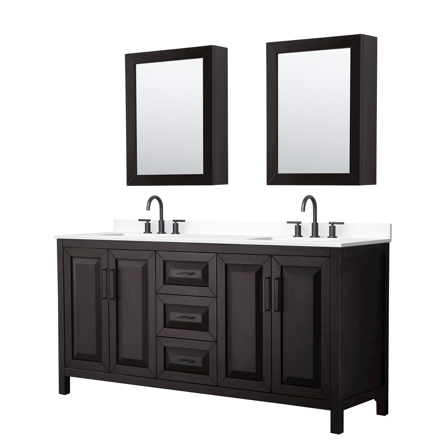Wyndham Collection Daria 72" Double Bathroom Vanity in Dark Espresso, White Cultured Marble Countertop, Undermount Square Sinks (3-Hole), Matte Black Trim, Medicine Cabinets