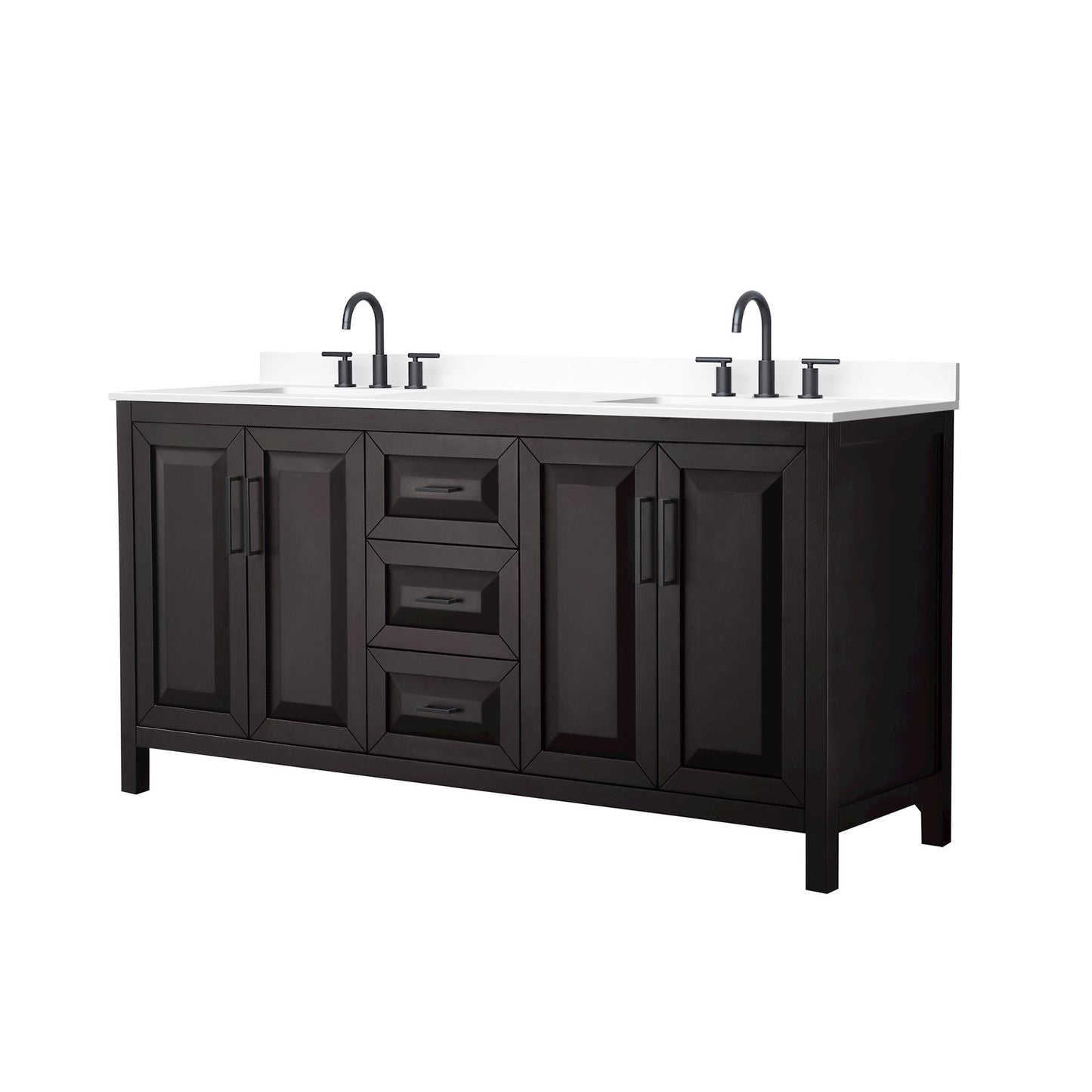 Wyndham Collection Daria 72" Double Bathroom Vanity in Dark Espresso, White Cultured Marble Countertop, Undermount Square Sinks (3-Hole), Matte Black Trim