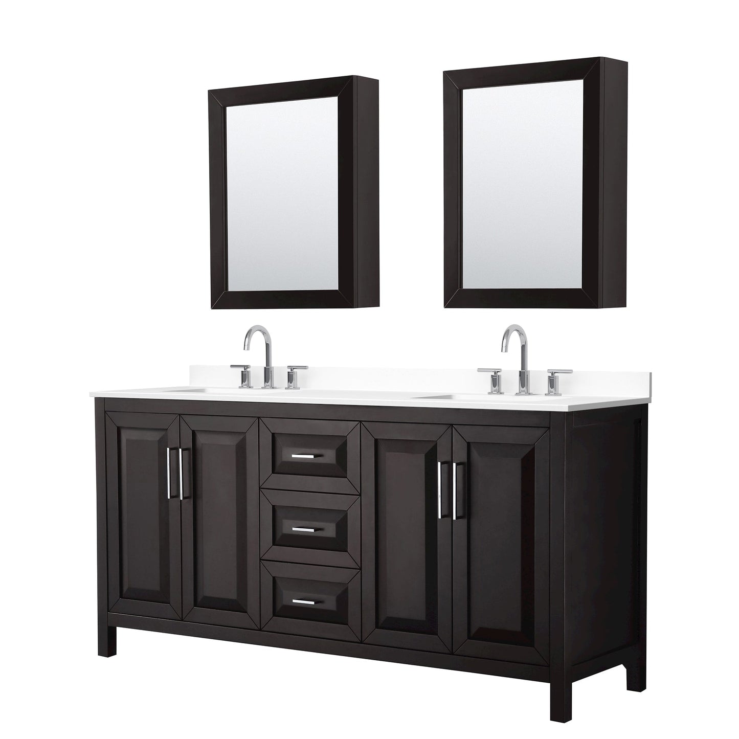 Wyndham Collection Daria 72" Double Bathroom Vanity in Dark Espresso, White Cultured Marble Countertop, Undermount Square Sinks (3-Hole), Polished Chrome Trim, Medicine Cabinets
