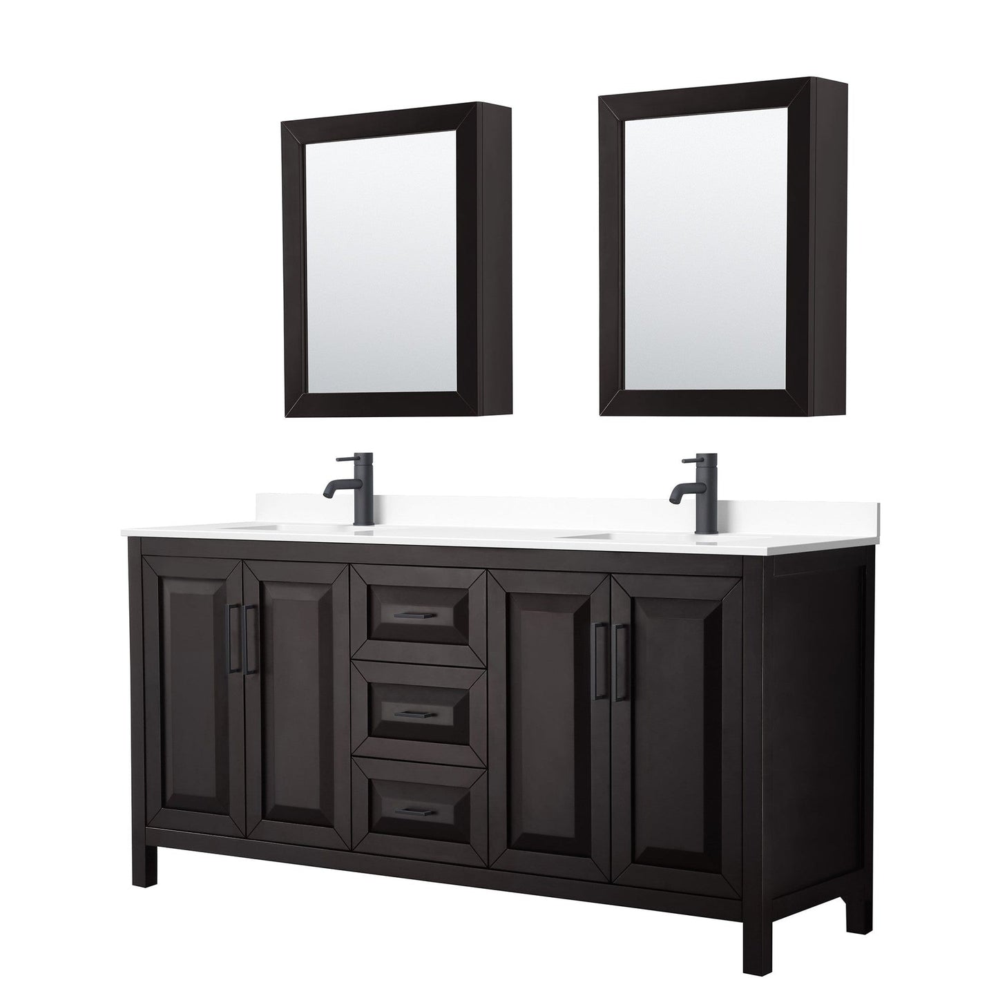 Wyndham Collection Daria 72" Double Bathroom Vanity in Dark Espresso, White Cultured Marble Countertop, Undermount Square Sinks, Matte Black Trim, Medicine Cabinets