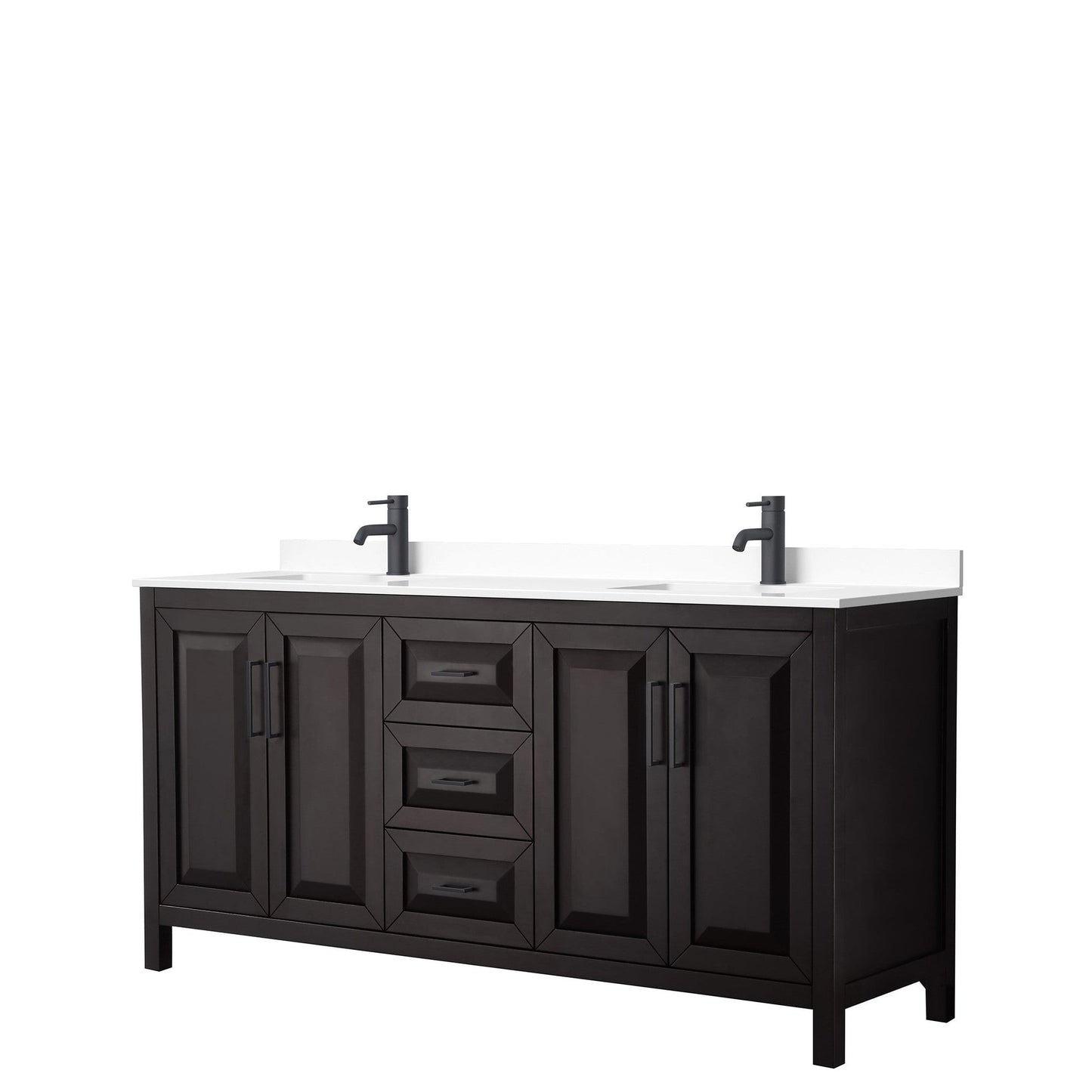 Wyndham Collection Daria 72" Double Bathroom Vanity in Dark Espresso, White Cultured Marble Countertop, Undermount Square Sinks, Matte Black Trim