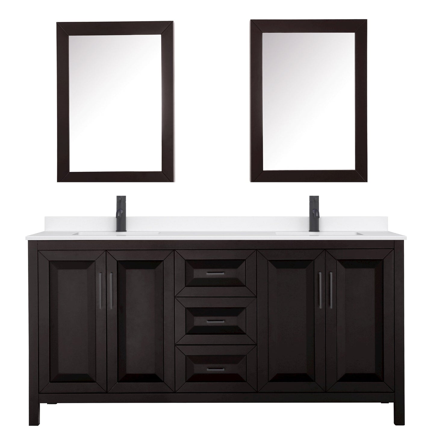Wyndham Collection Daria 72" Double Bathroom Vanity in Dark Espresso, White Quartz Countertop, Undermount Square Sinks (1-Hole), Matte Black Trim, Medicine Cabinets