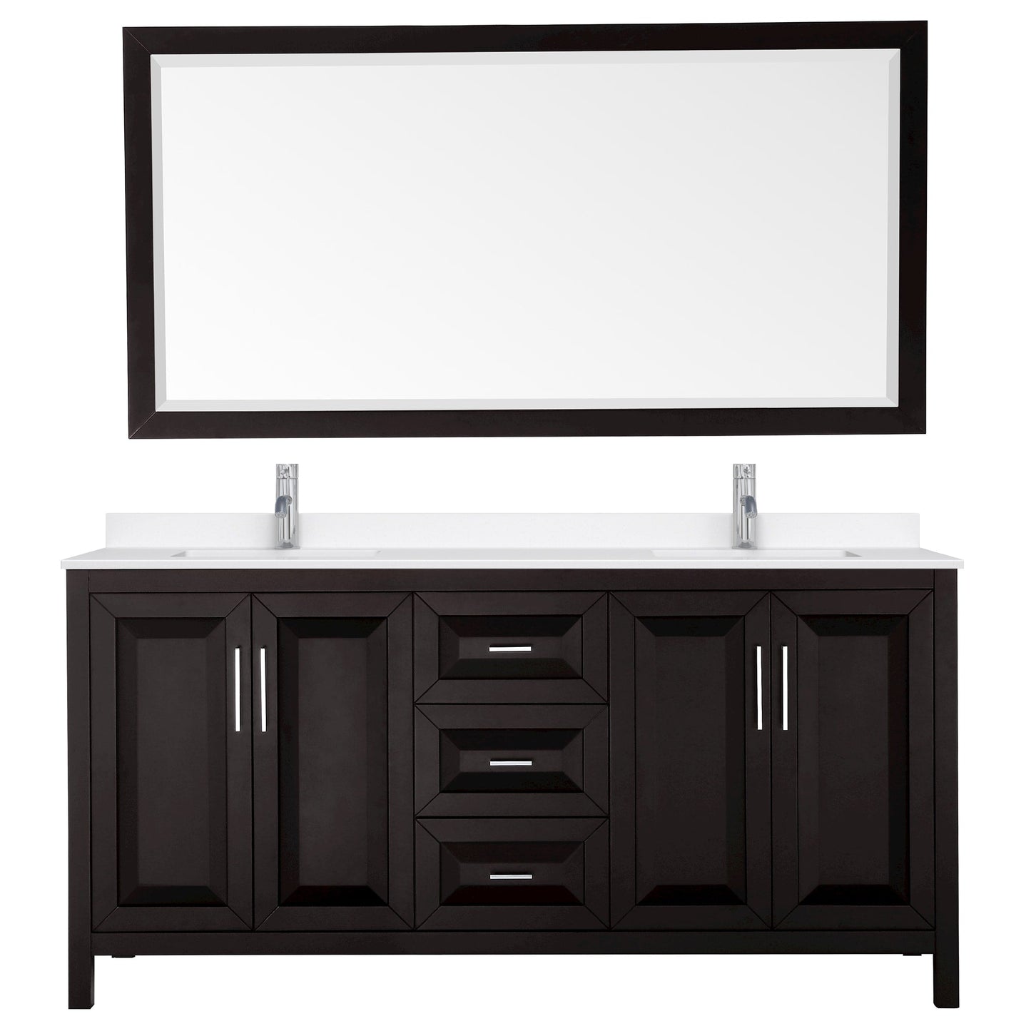 Wyndham Collection Daria 72" Double Bathroom Vanity in Dark Espresso, White Quartz Countertop, Undermount Square Sinks (1-Hole), Polished Chrome Trim, 70" Mirror