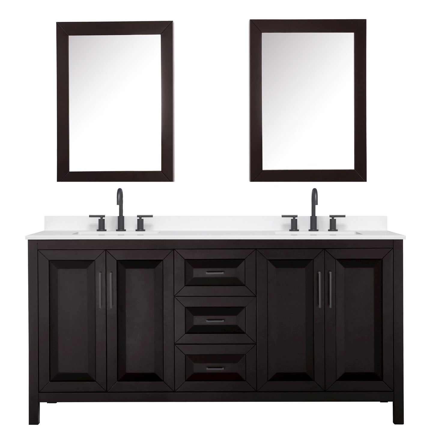 Wyndham Collection Daria 72" Double Bathroom Vanity in Dark Espresso, White Quartz Countertop, Undermount Square Sinks (3-Hole), Matte Black Trim, Medicine Cabinets