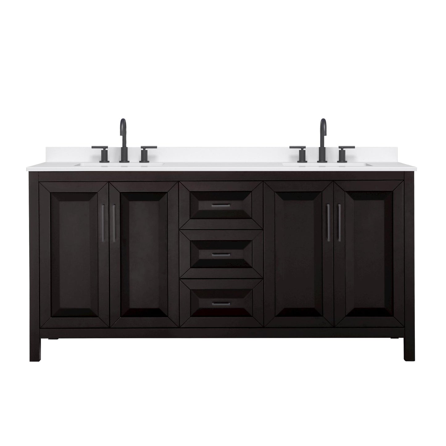 Wyndham Collection Daria 72" Double Bathroom Vanity in Dark Espresso, White Quartz Countertop, Undermount Square Sinks (3-Hole), Matte Black Trim