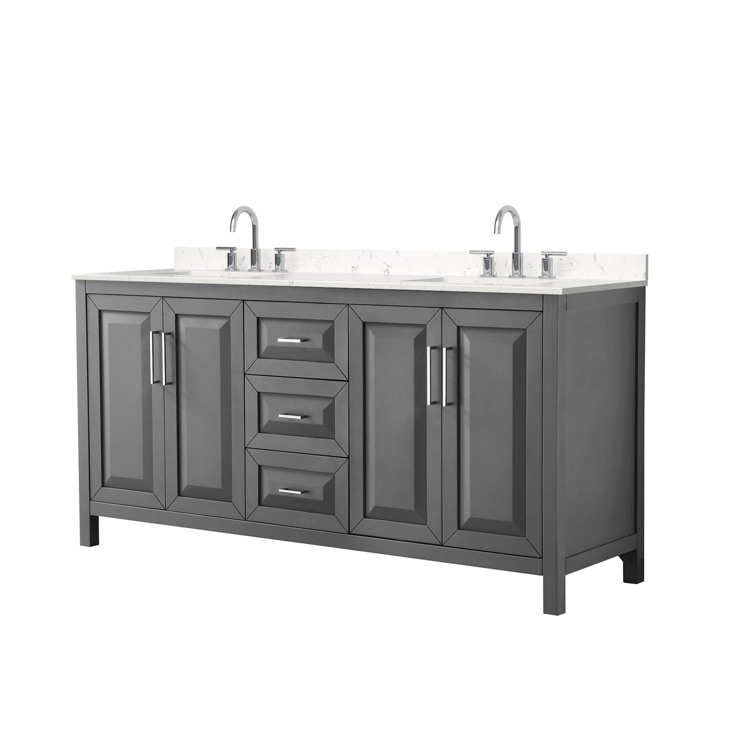 Wyndham Collection Daria 72" Double Bathroom Vanity in Dark Gray, Carrara Cultured Marble Countertop, Undermount Square Sinks (3-Hole), Polished Chrome Trim