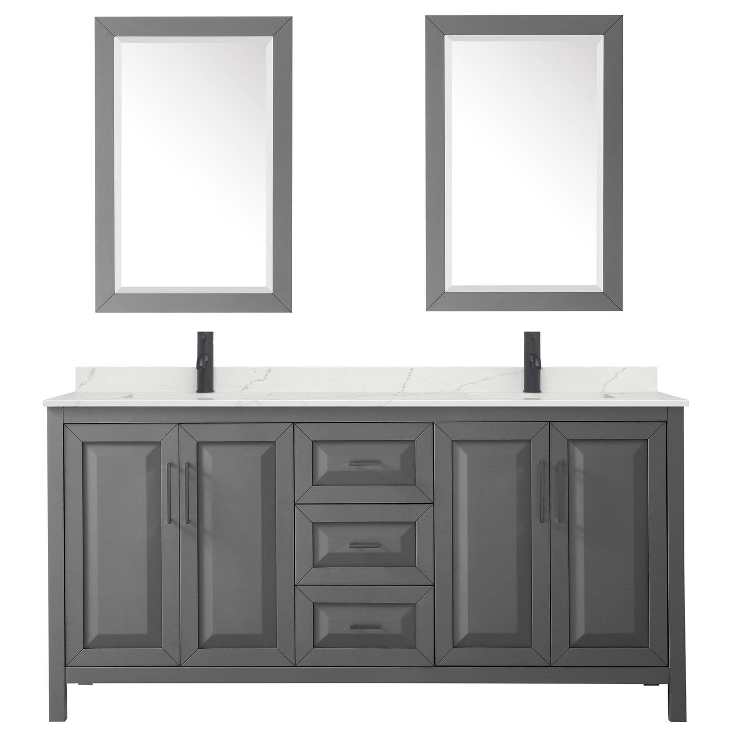 Wyndham Collection Daria 72" Double Bathroom Vanity in Dark Gray, Giotto Quartz Countertop, Undermount Square Sinks (1-Hole), Matte Black Trim, 24" Mirrors