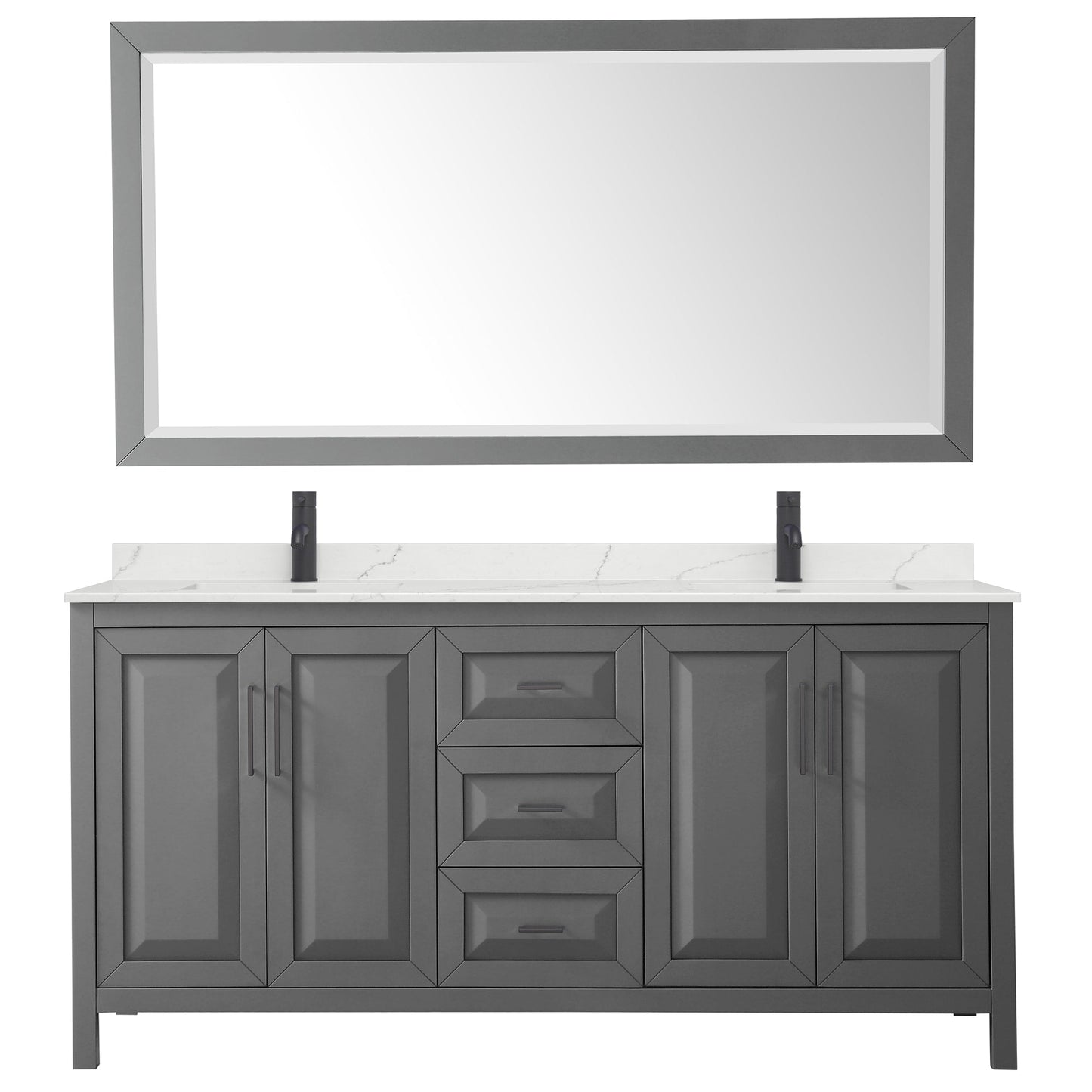 Wyndham Collection Daria 72" Double Bathroom Vanity in Dark Gray, Giotto Quartz Countertop, Undermount Square Sinks (1-Hole), Matte Black Trim, 70" Mirror