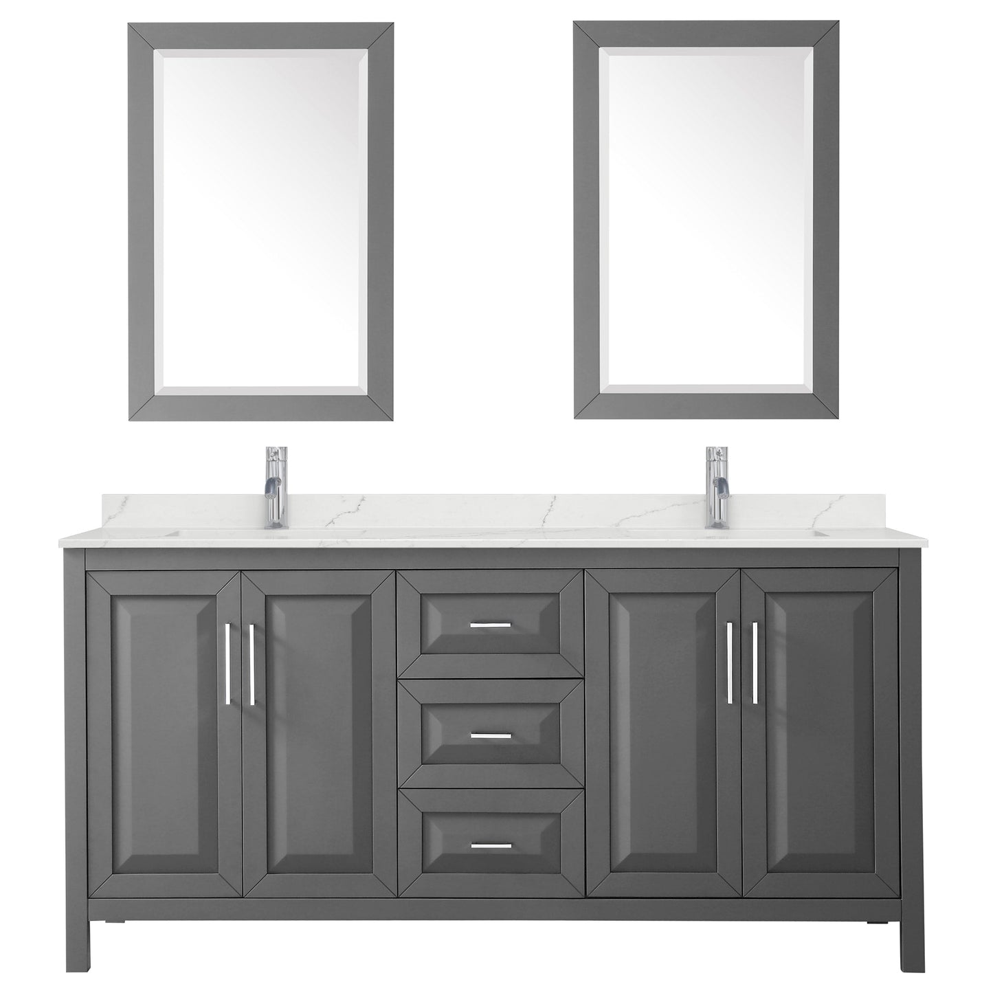 Wyndham Collection Daria 72" Double Bathroom Vanity in Dark Gray, Giotto Quartz Countertop, Undermount Square Sinks (1-Hole), Polished Chrome Trim, 24" Mirrors