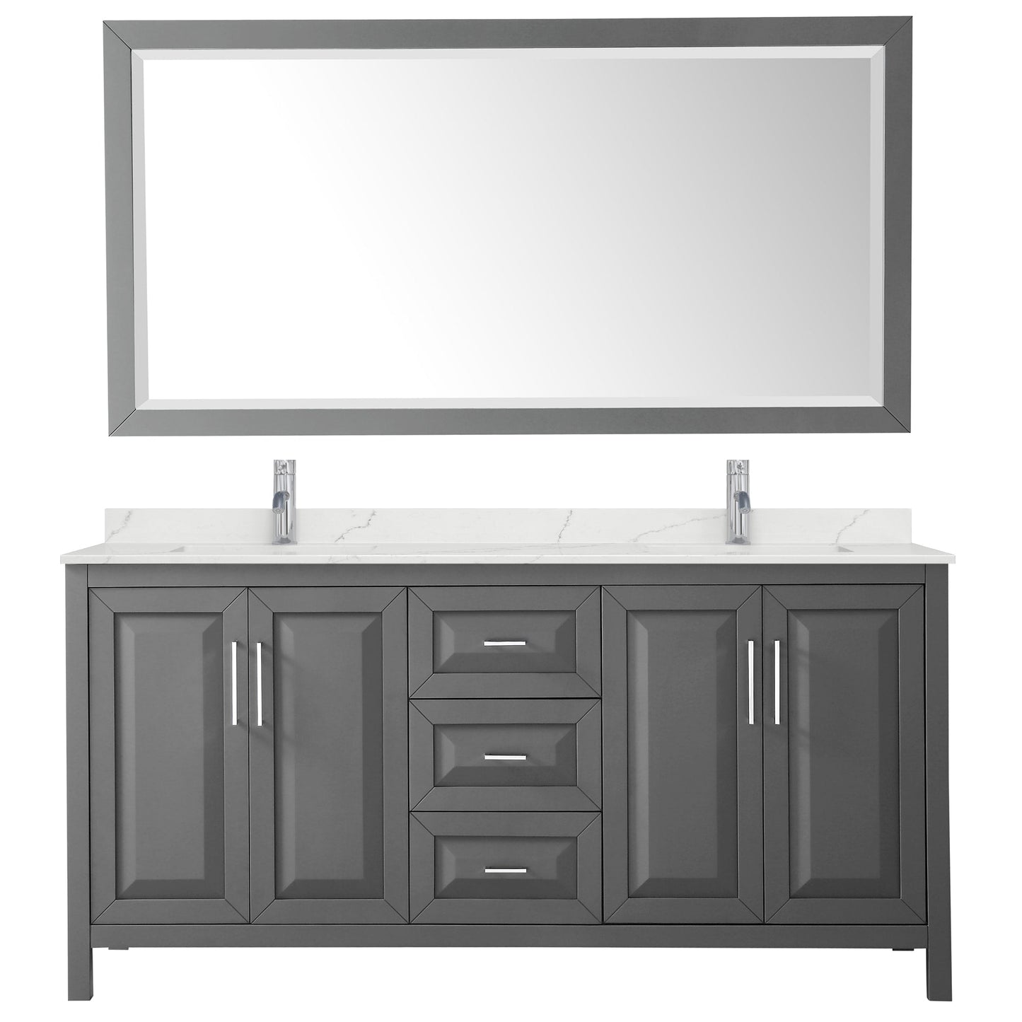 Wyndham Collection Daria 72" Double Bathroom Vanity in Dark Gray, Giotto Quartz Countertop, Undermount Square Sinks (1-Hole), Polished Chrome Trim, 70" Mirror