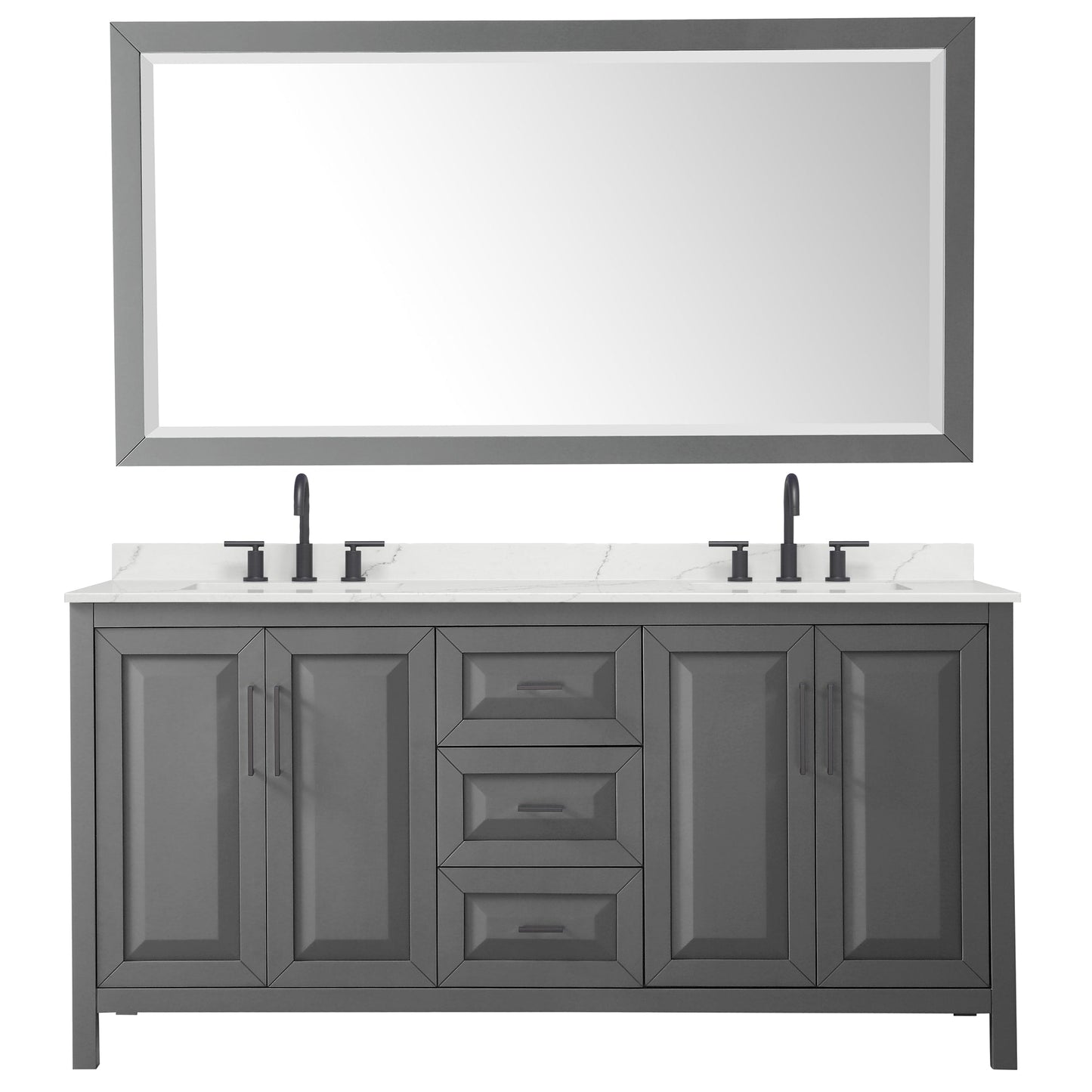 Wyndham Collection Daria 72" Double Bathroom Vanity in Dark Gray, Giotto Quartz Countertop, Undermount Square Sinks (3-Hole), Matte Black Trim, 70" Mirror