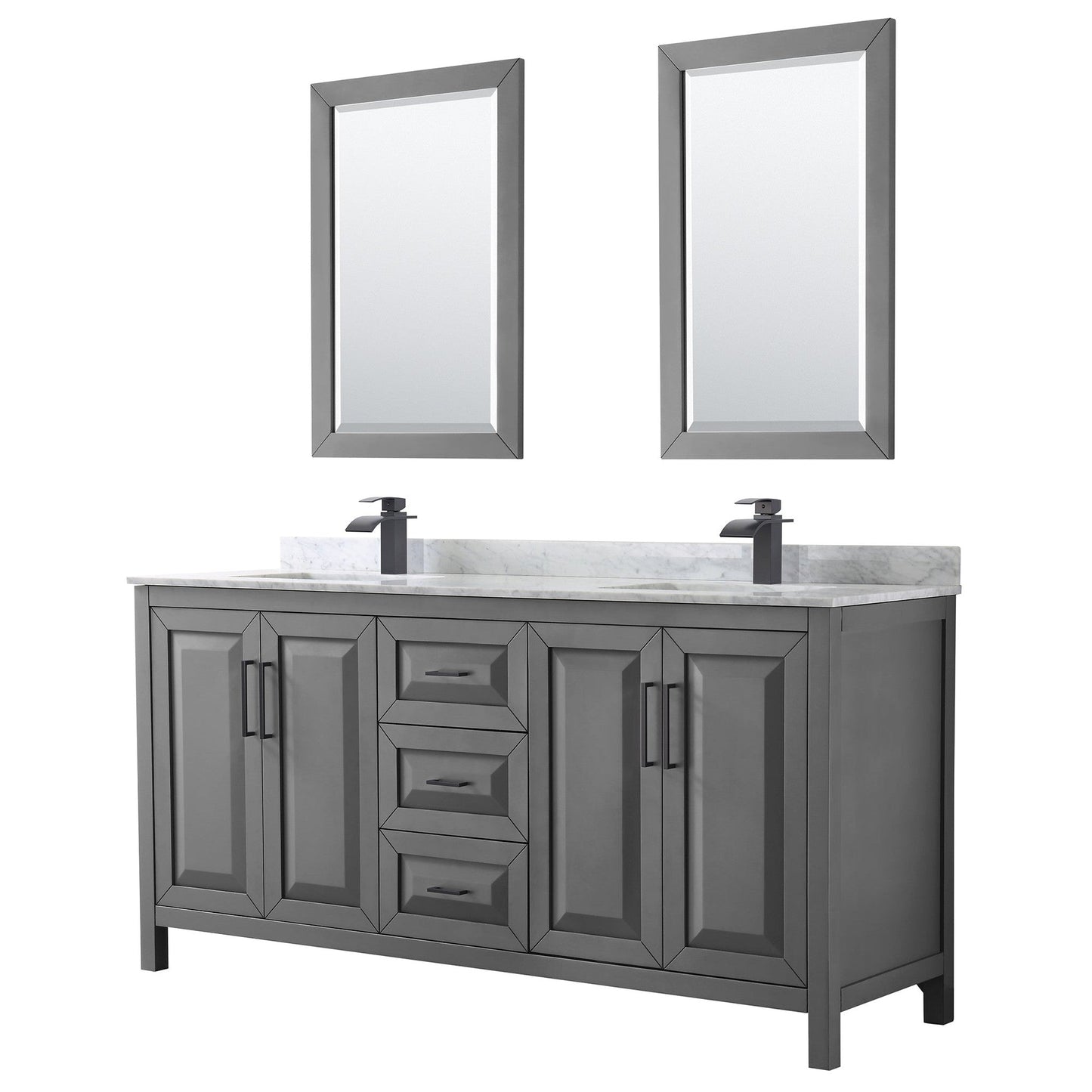 Wyndham Collection Daria 72" Double Bathroom Vanity in Dark Gray, White Carrara Marble Countertop, Undermount Square Sinks, Matte Black Trim, 24" Mirrors