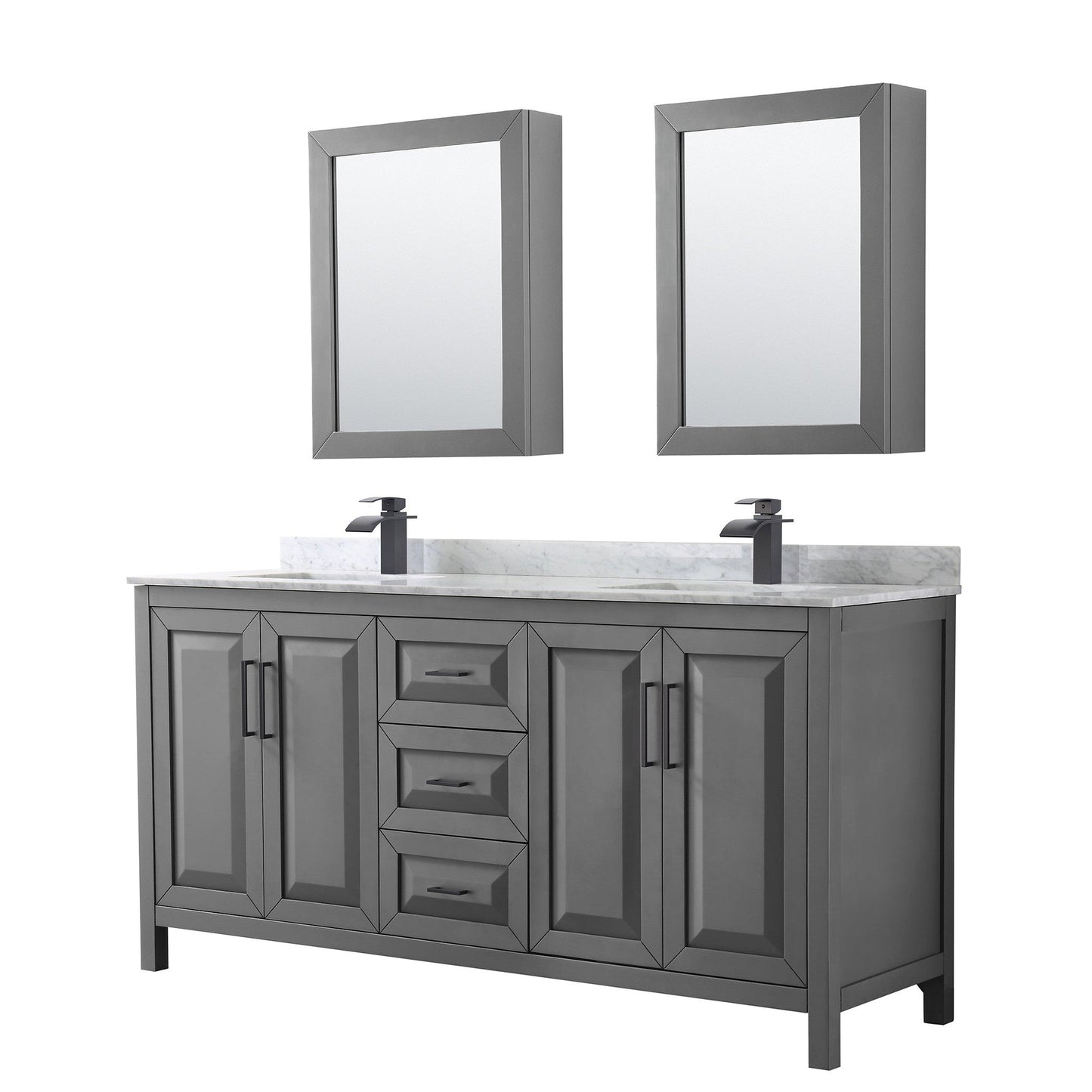 Wyndham Collection Daria 72" Double Bathroom Vanity in Dark Gray, White Carrara Marble Countertop, Undermount Square Sinks, Matte Black Trim, Medicine Cabinets