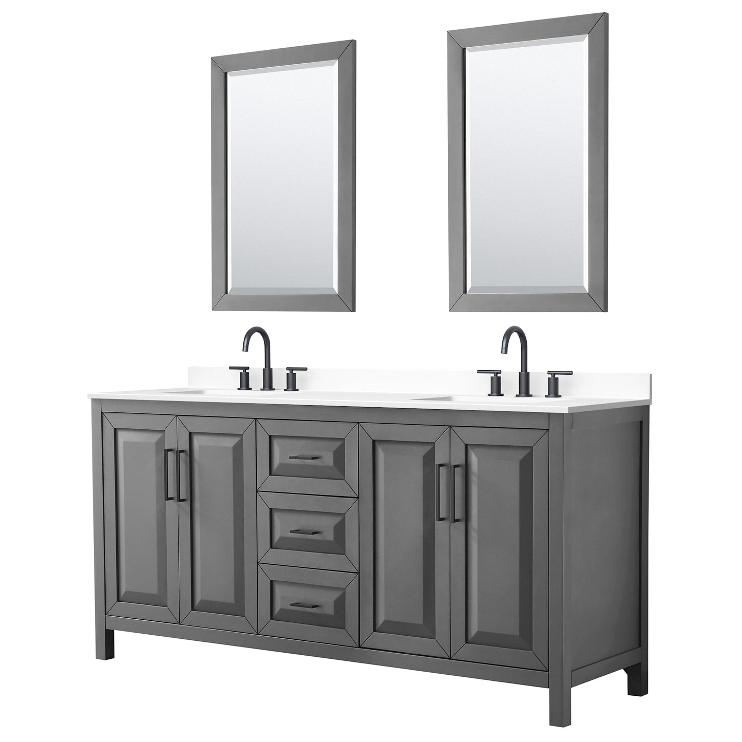 Wyndham Collection Daria 72" Double Bathroom Vanity in Dark Gray, White Cultured Marble Countertop, Undermount Square Sinks (3-Hole), Matte Black Trim, 24" Mirrors