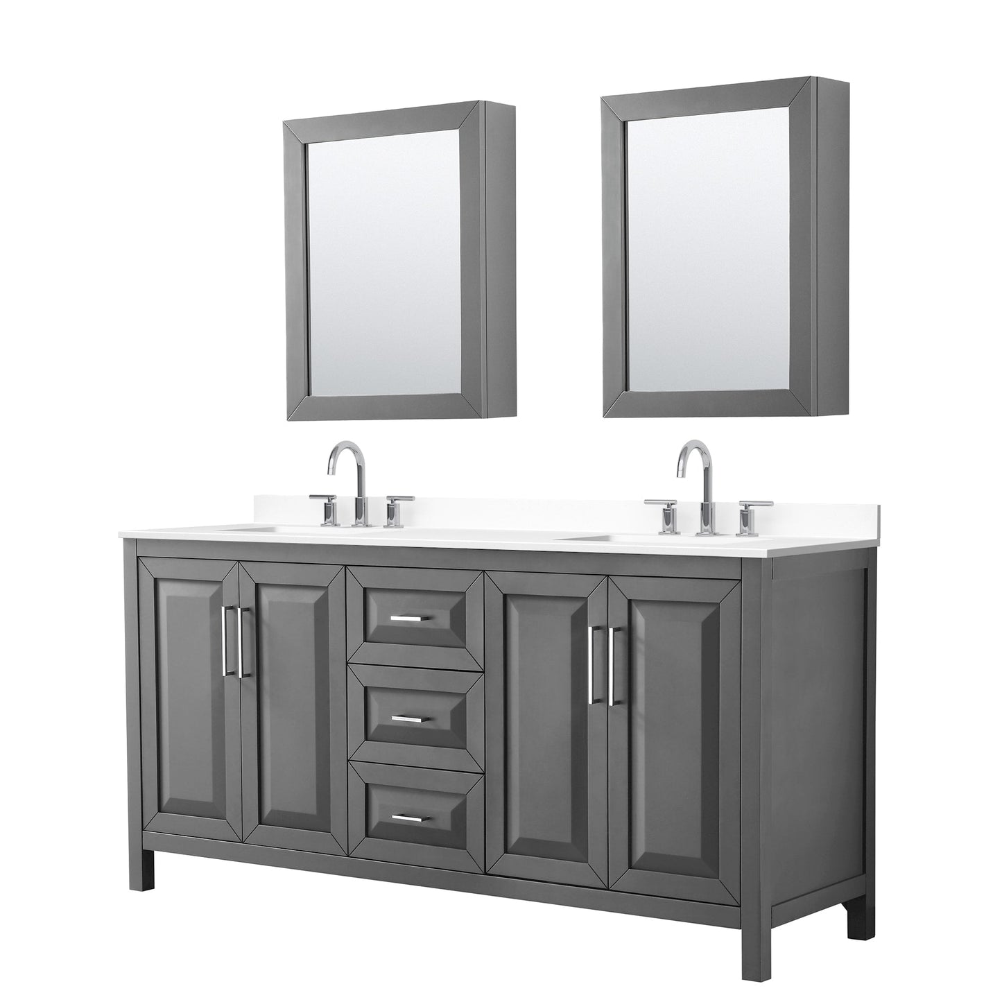 Wyndham Collection Daria 72" Double Bathroom Vanity in Dark Gray, White Cultured Marble Countertop, Undermount Square Sinks (3-Hole), Polished Chrome Trim, Medicine Cabinets