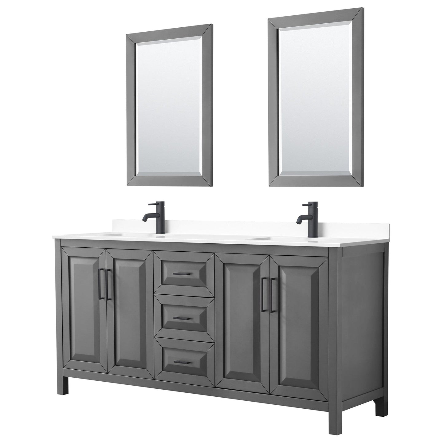Wyndham Collection Daria 72" Double Bathroom Vanity in Dark Gray, White Cultured Marble Countertop, Undermount Square Sinks, Matte Black Trim, 24" Mirrors