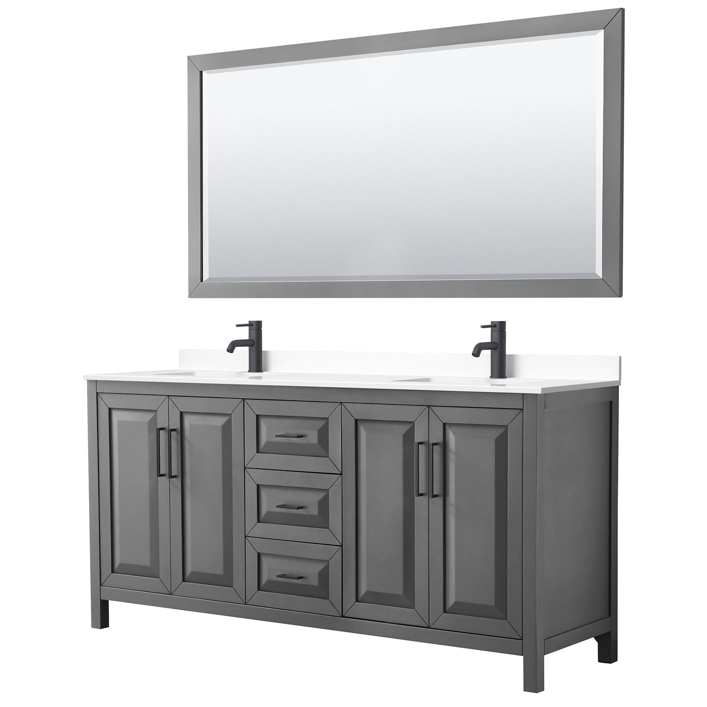 Wyndham Collection Daria 72" Double Bathroom Vanity in Dark Gray, White Cultured Marble Countertop, Undermount Square Sinks, Matte Black Trim, 70" Mirror