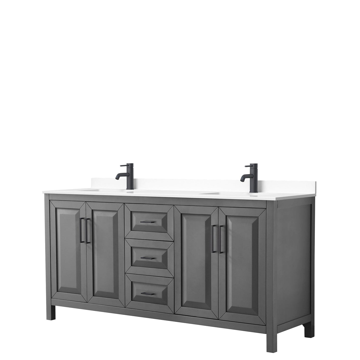 Wyndham Collection Daria 72" Double Bathroom Vanity in Dark Gray, White Cultured Marble Countertop, Undermount Square Sinks, Matte Black Trim