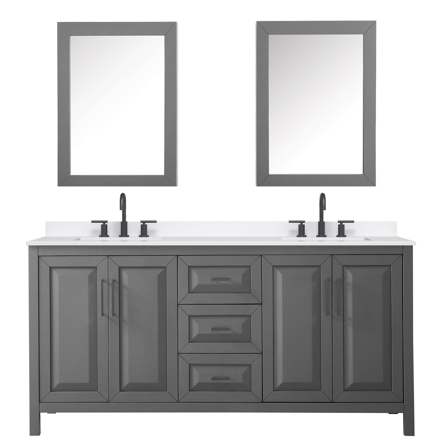 Wyndham Collection Daria 72" Double Bathroom Vanity in Dark Gray, White Quartz Countertop, Undermount Square Sinks (3-Hole), Matte Black Trim, Medicine Cabinets