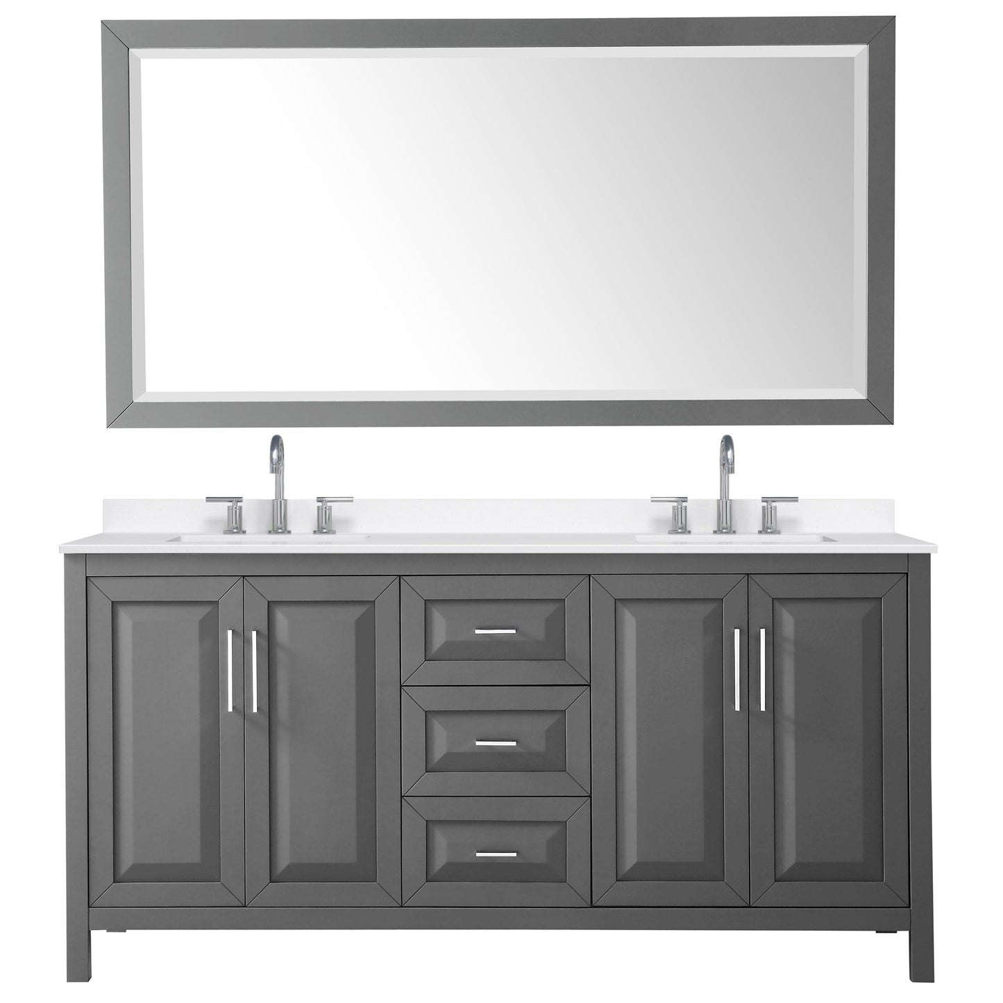 Wyndham Collection Daria 72" Double Bathroom Vanity in Dark Gray, White Quartz Countertop, Undermount Square Sinks (3-Hole), Polished Chrome Trim, 70" Mirror