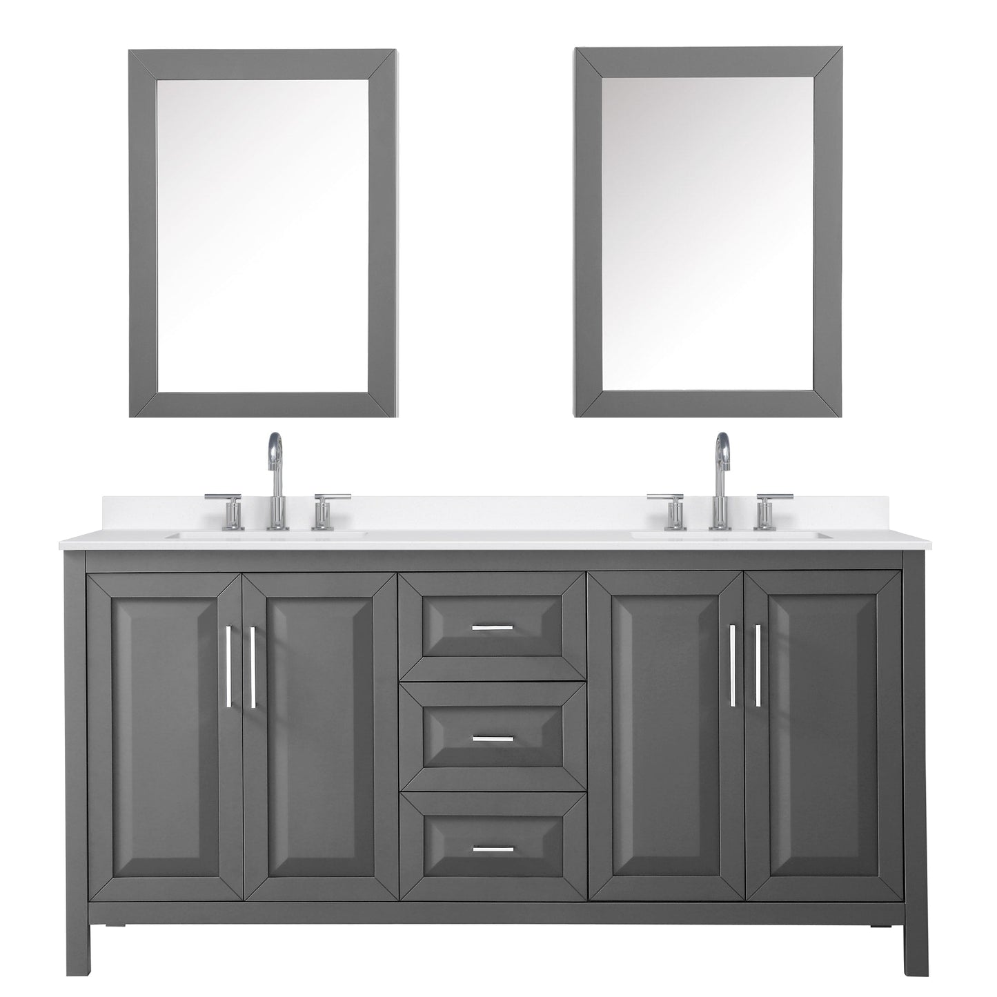 Wyndham Collection Daria 72" Double Bathroom Vanity in Dark Gray, White Quartz Countertop, Undermount Square Sinks (3-Hole), Polished Chrome Trim, Medicine Cabinets