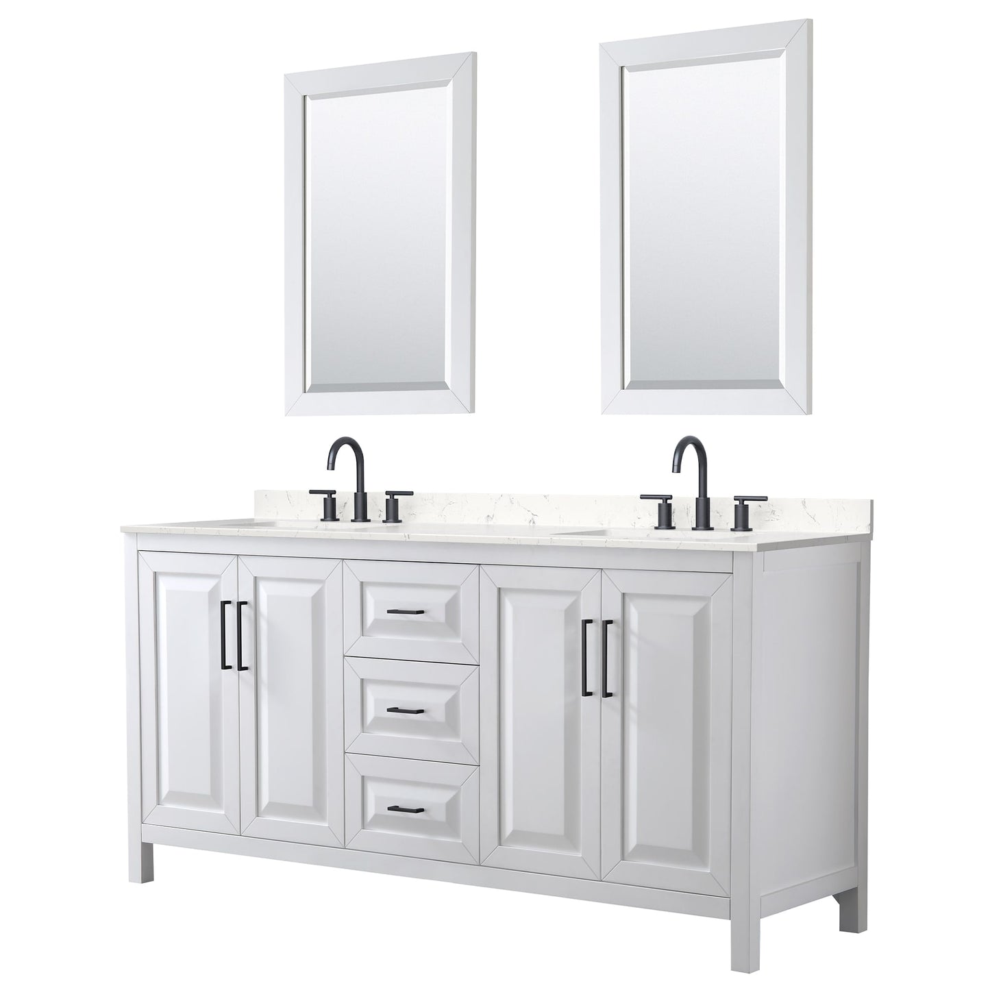 Wyndham Collection Daria 72" Double Bathroom Vanity in White, Carrara Cultured Marble Countertop, Undermount Square Sinks (3-Hole), Matte Black Trim, 24" Mirrors