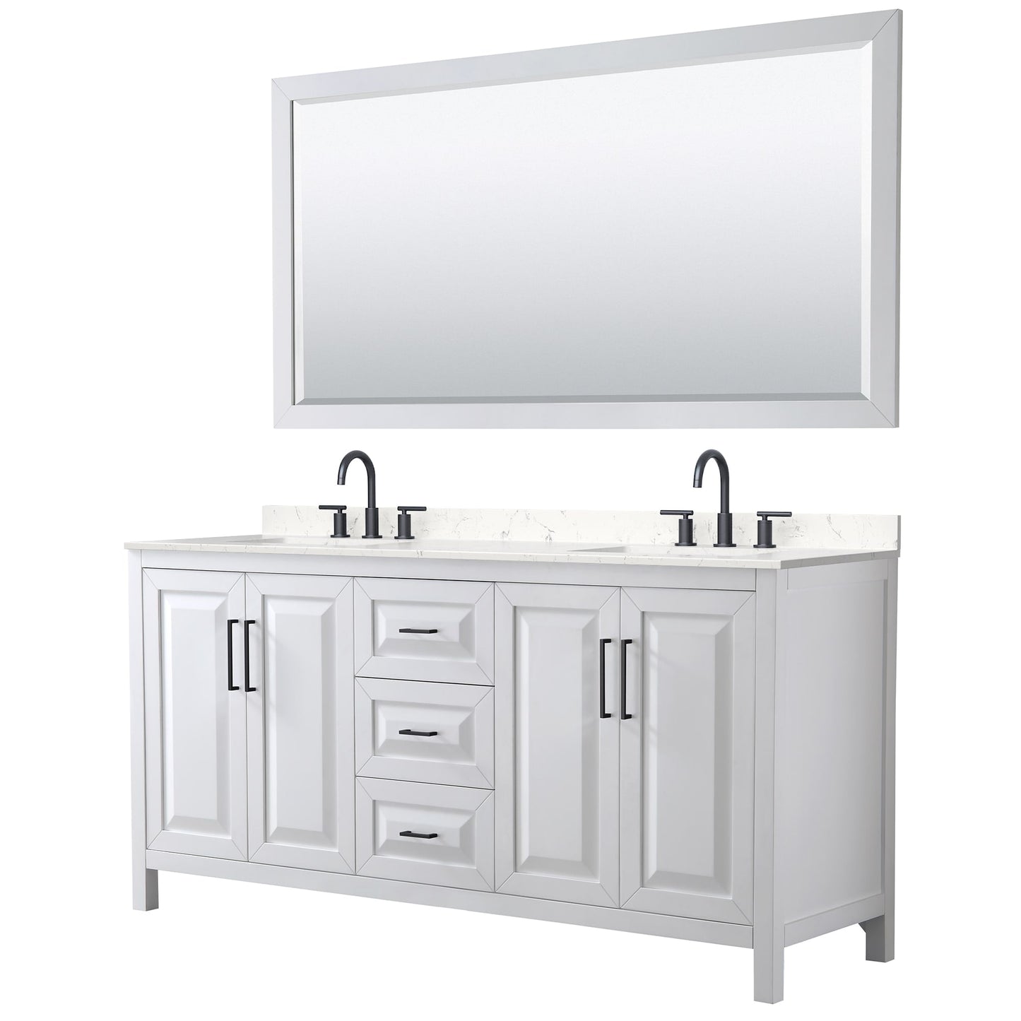 Wyndham Collection Daria 72" Double Bathroom Vanity in White, Carrara Cultured Marble Countertop, Undermount Square Sinks (3-Hole), Matte Black Trim, 70" Mirror