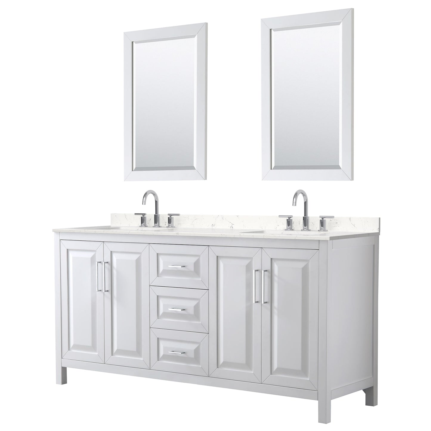 Wyndham Collection Daria 72" Double Bathroom Vanity in White, Carrara Cultured Marble Countertop, Undermount Square Sinks (3-Hole), Polished Chrome Trim, 24" Mirrors