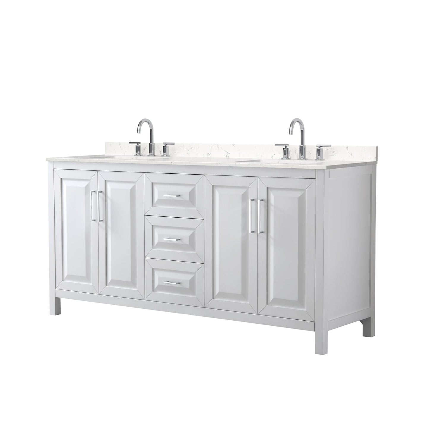 Wyndham Collection Daria 72" Double Bathroom Vanity in White, Carrara Cultured Marble Countertop, Undermount Square Sinks (3-Hole), Polished Chrome Trim