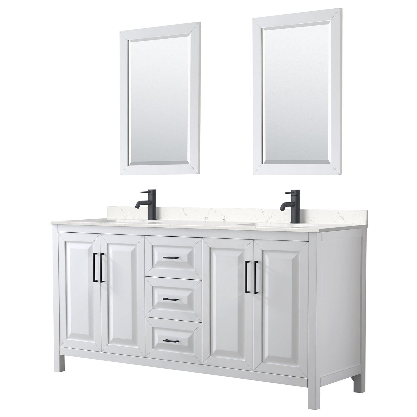 Wyndham Collection Daria 72" Double Bathroom Vanity in White, Carrara Cultured Marble Countertop, Undermount Square Sinks, Matte Black Trim, 24" Mirrors