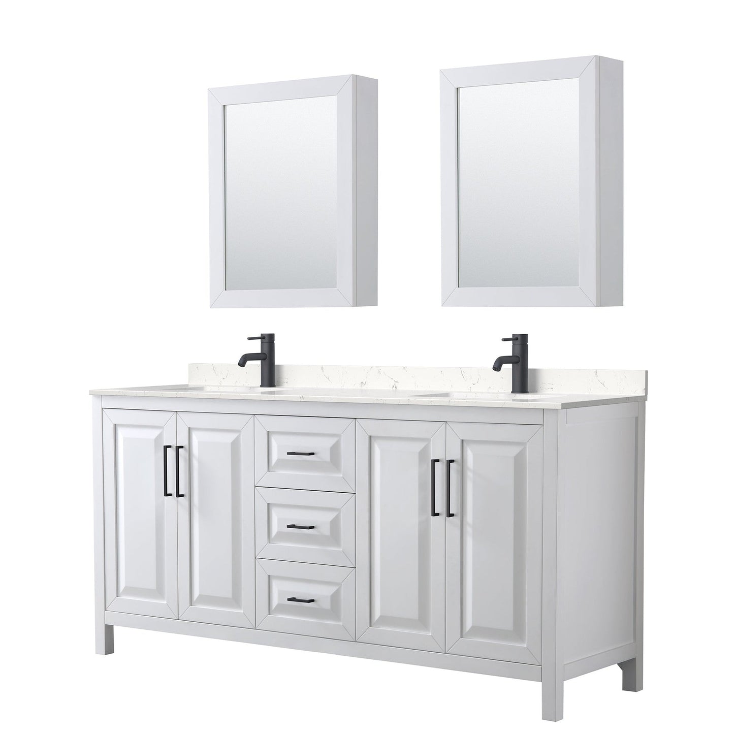 Wyndham Collection Daria 72" Double Bathroom Vanity in White, Carrara Cultured Marble Countertop, Undermount Square Sinks, Matte Black Trim, Medicine Cabinets