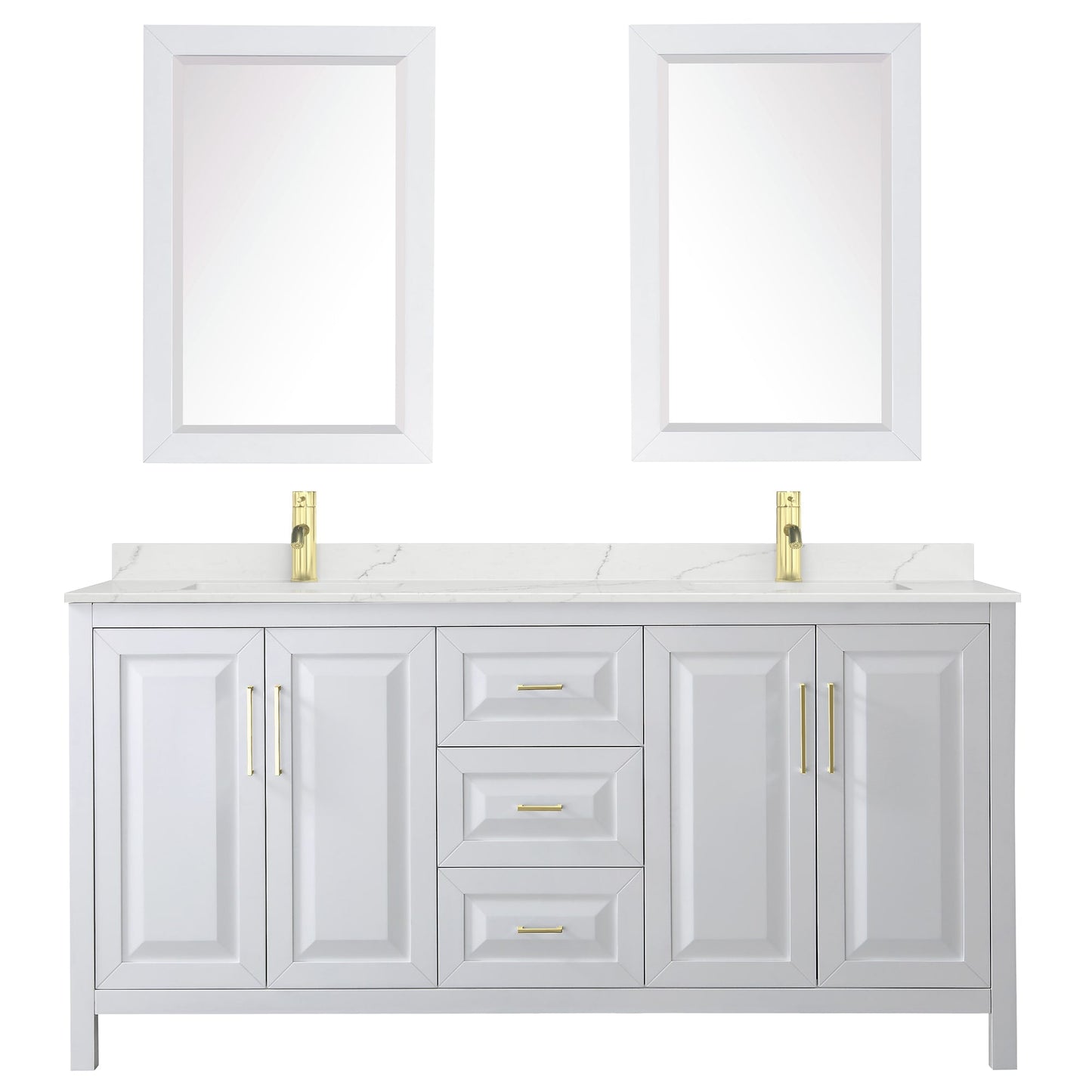 Wyndham Collection Daria 72" Double Bathroom Vanity in White, Giotto Quartz Countertop, Undermount Square Sinks (1-Hole), Brushed Gold Trim, 24" Mirrors