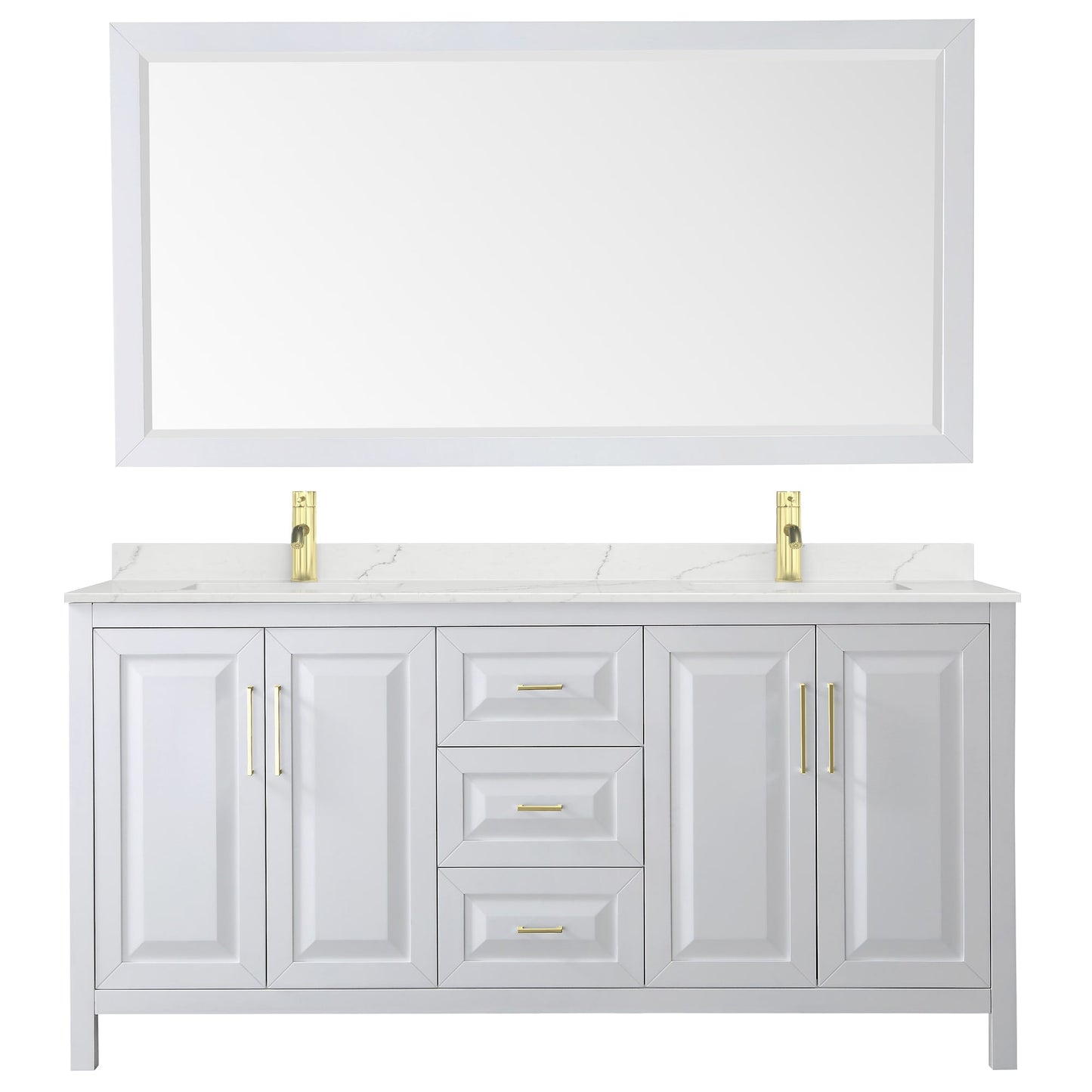 Wyndham Collection Daria 72" Double Bathroom Vanity in White, Giotto Quartz Countertop, Undermount Square Sinks (1-Hole), Brushed Gold Trim, 70" Mirror