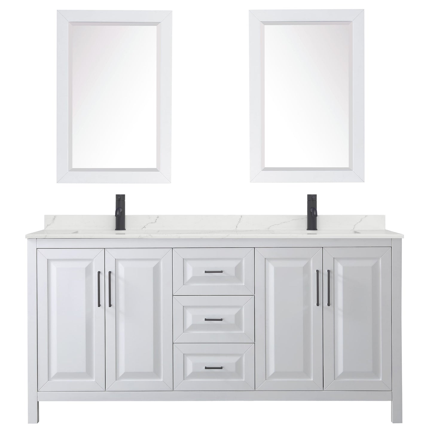 Wyndham Collection Daria 72" Double Bathroom Vanity in White, Giotto Quartz Countertop, Undermount Square Sinks (1-Hole), Matte Black Trim, 24" Mirrors