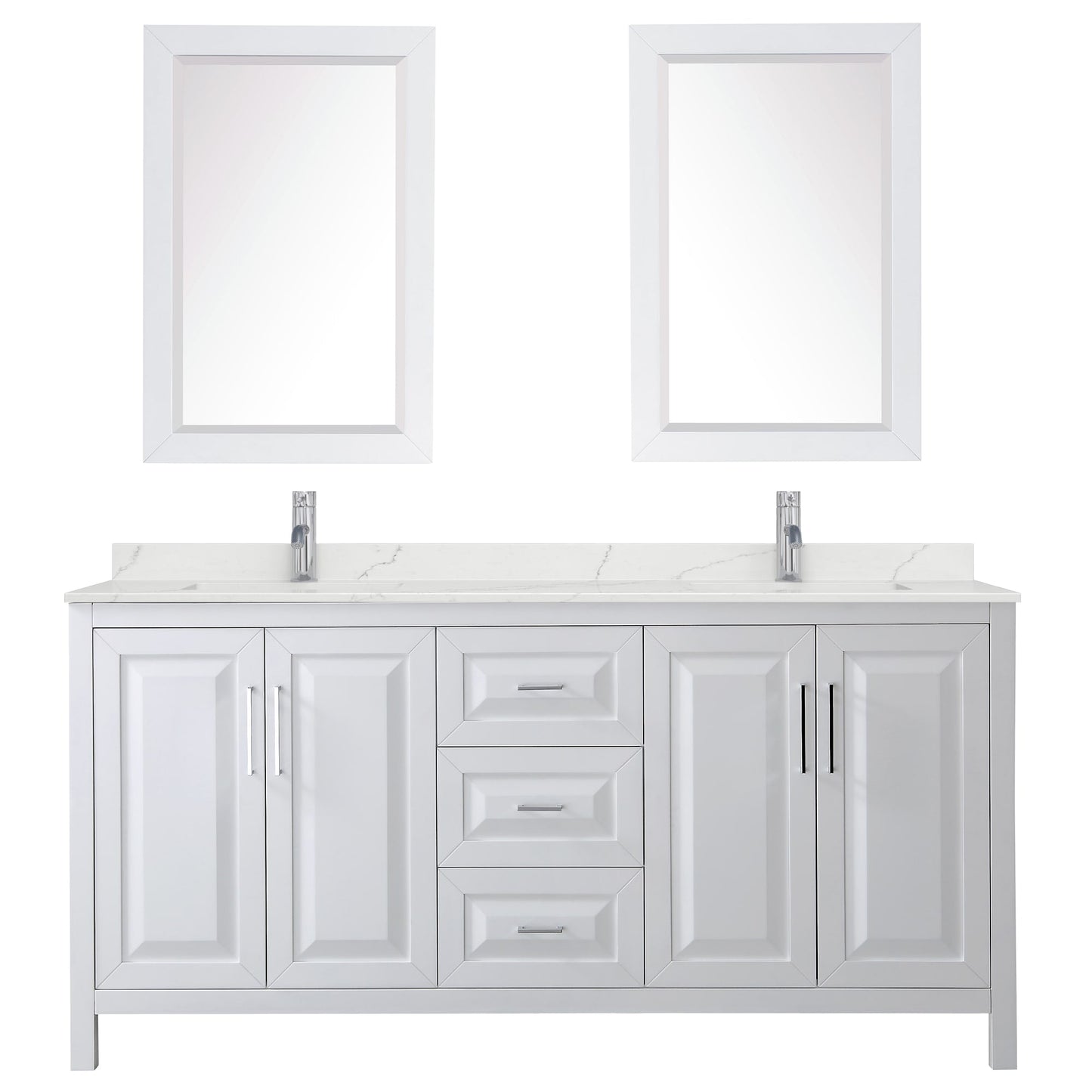 Wyndham Collection Daria 72" Double Bathroom Vanity in White, Giotto Quartz Countertop, Undermount Square Sinks (1-Hole), Polished Chrome Trim, 24" Mirrors