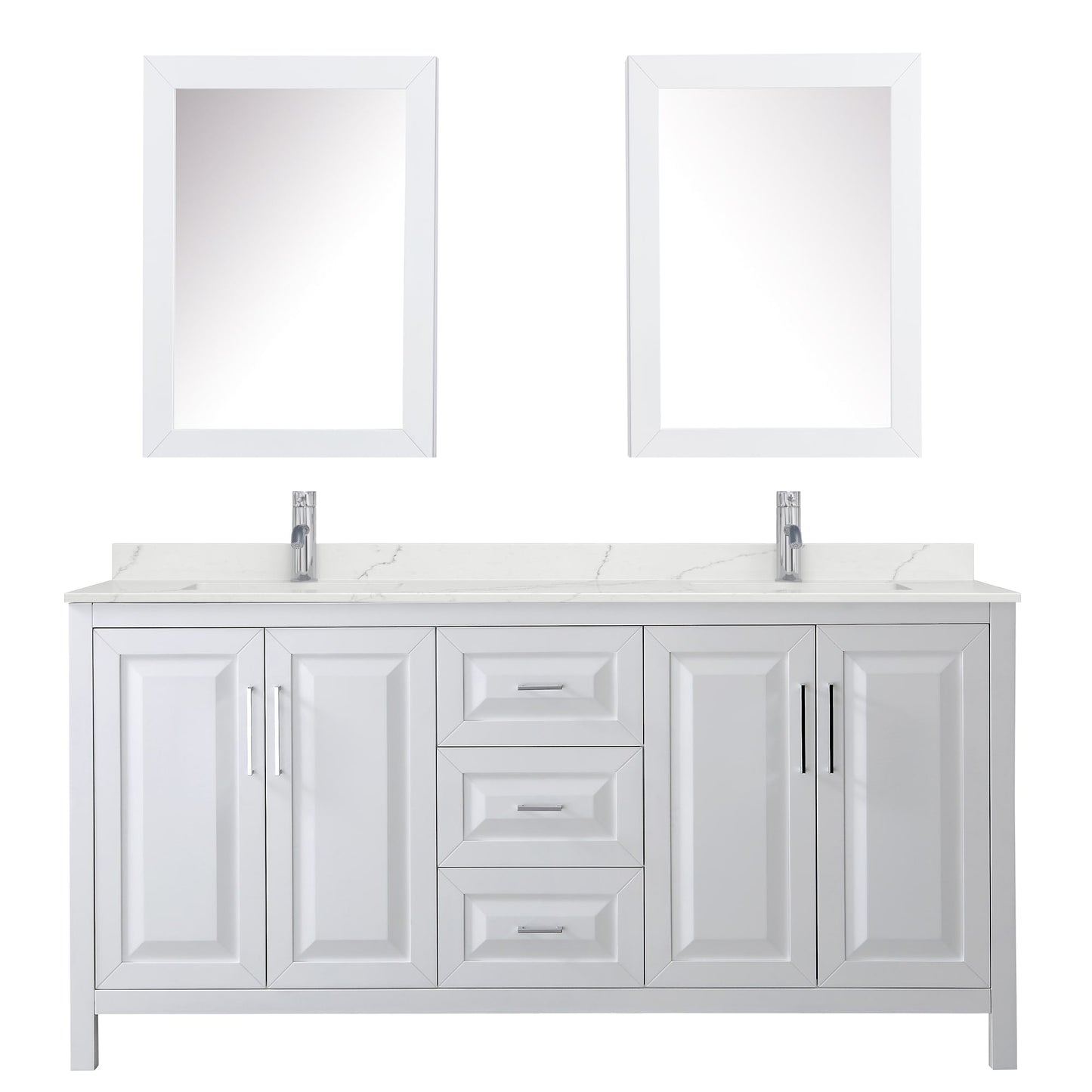Wyndham Collection Daria 72" Double Bathroom Vanity in White, Giotto Quartz Countertop, Undermount Square Sinks (1-Hole), Polished Chrome Trim, Medicine Cabinets