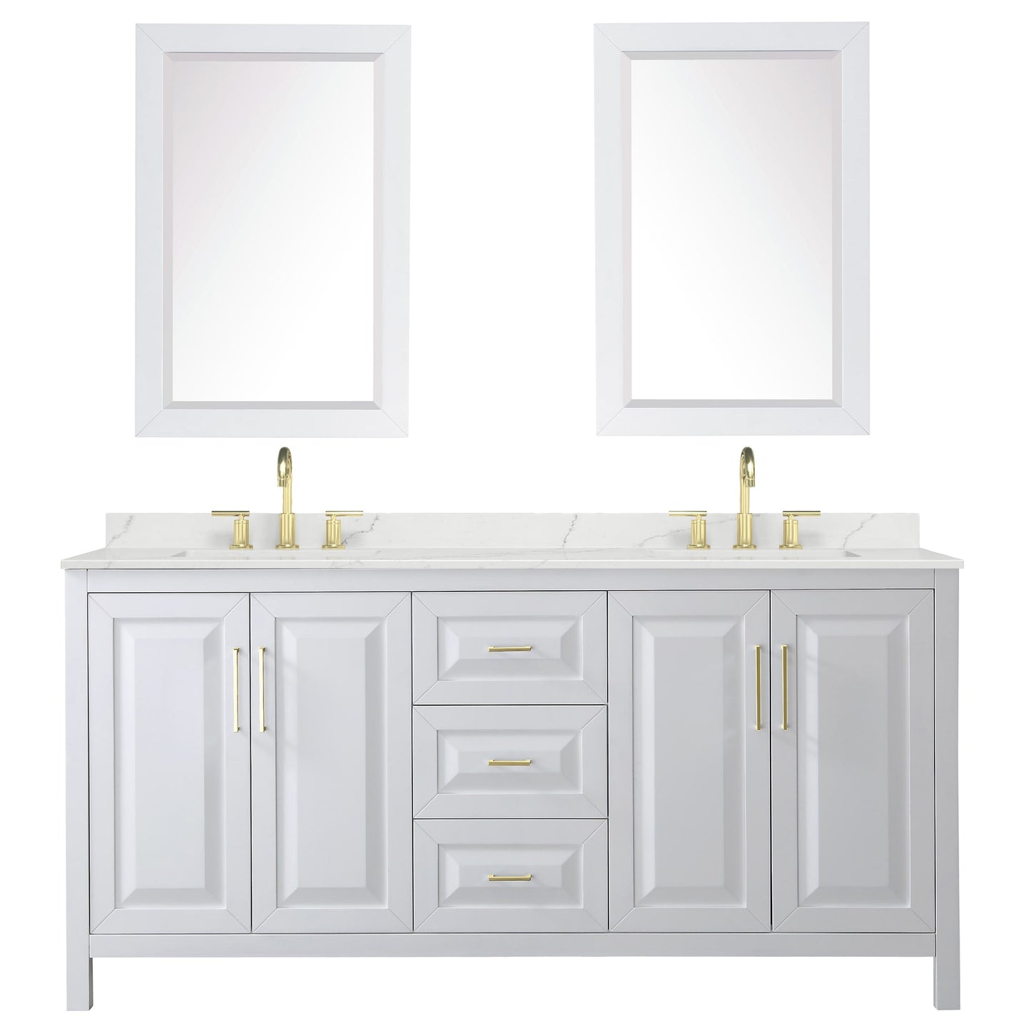 Wyndham Collection Daria 72" Double Bathroom Vanity in White, Giotto Quartz Countertop, Undermount Square Sinks (3-Hole), Brushed Gold Trim, 24" Mirrors