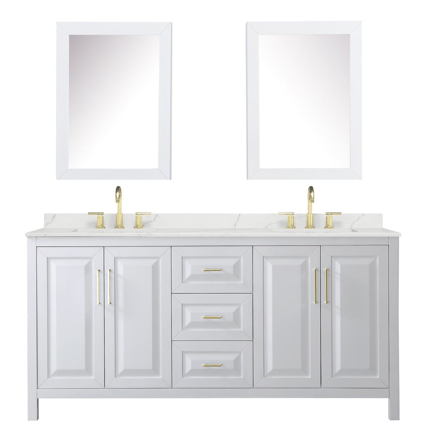 Wyndham Collection Daria 72" Double Bathroom Vanity in White, Giotto Quartz Countertop, Undermount Square Sinks (3-Hole), Brushed Gold Trim, Medicine Cabinets