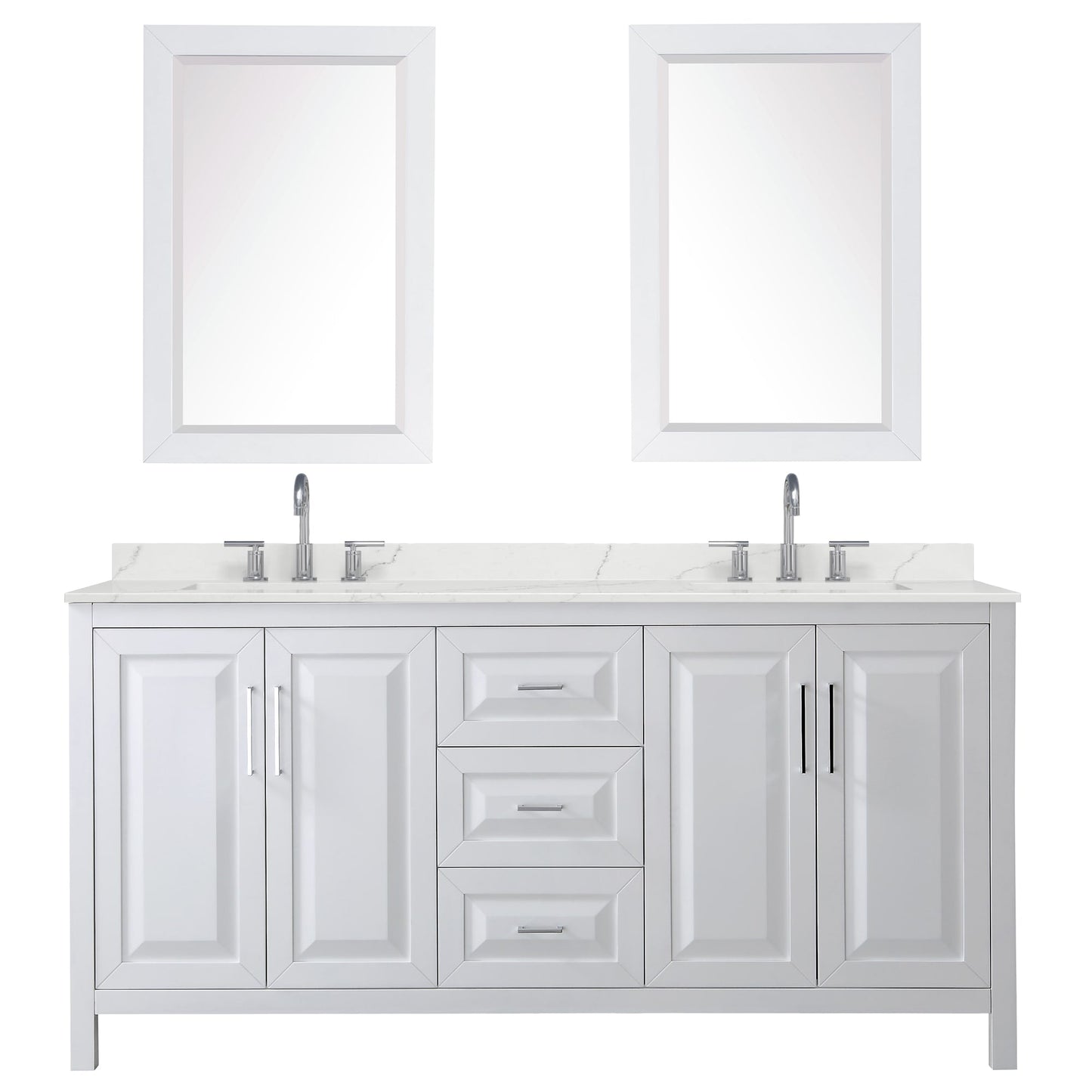 Wyndham Collection Daria 72" Double Bathroom Vanity in White, Giotto Quartz Countertop, Undermount Square Sinks (3-Hole), Polished Chrome Trim, 24" Mirrors