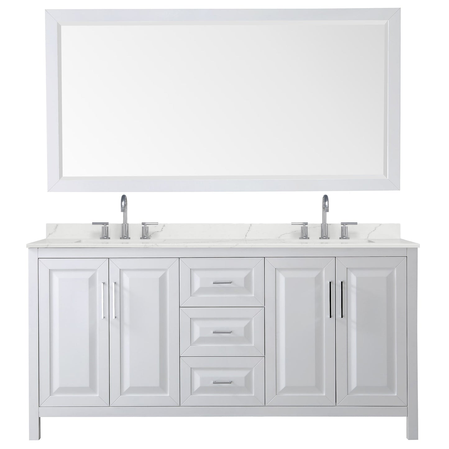 Wyndham Collection Daria 72" Double Bathroom Vanity in White, Giotto Quartz Countertop, Undermount Square Sinks (3-Hole), Polished Chrome Trim, 70" Mirror