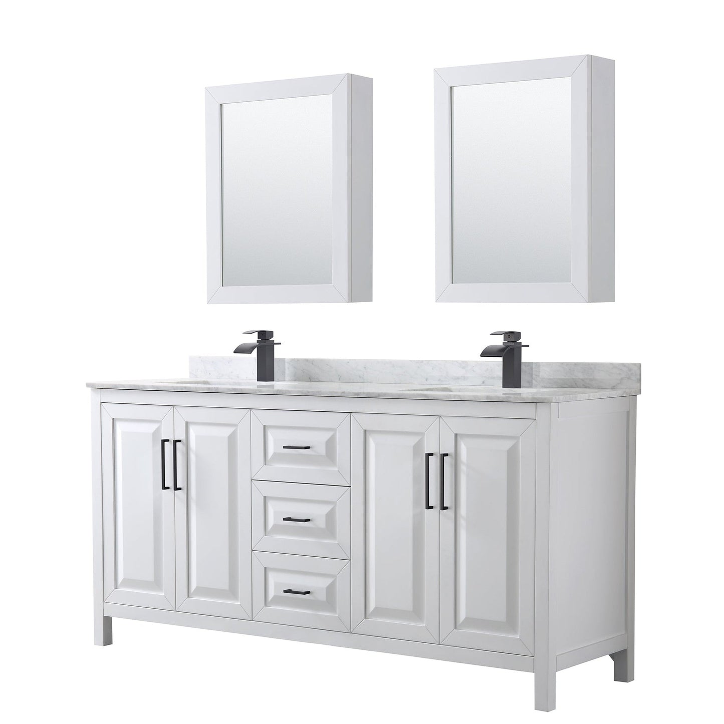 Wyndham Collection Daria 72" Double Bathroom Vanity in White, White Carrara Marble Countertop, Undermount Square Sinks, Matte Black Trim, Medicine Cabinets