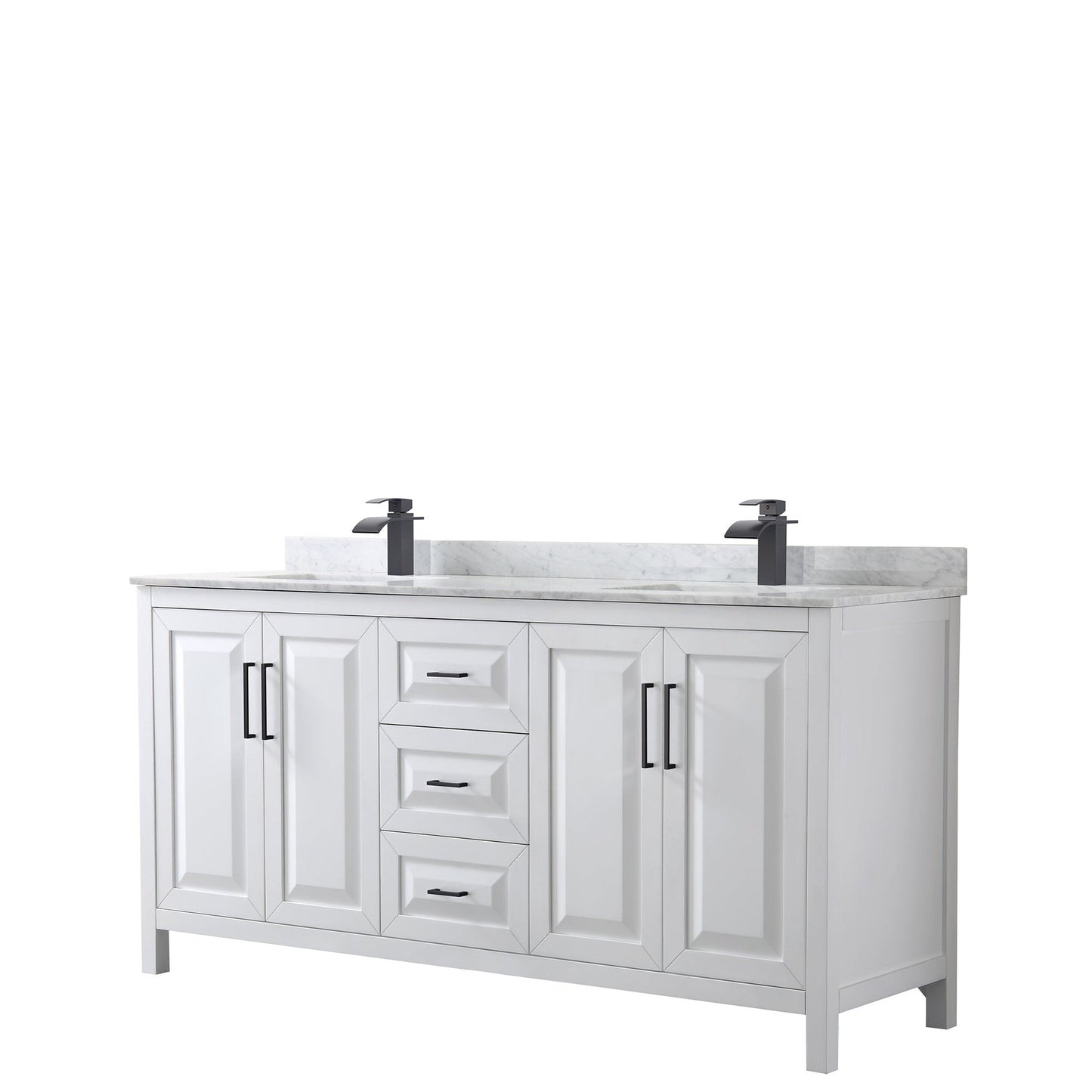 Wyndham Collection Daria 72" Double Bathroom Vanity in White, White Carrara Marble Countertop, Undermount Square Sinks, Matte Black Trim